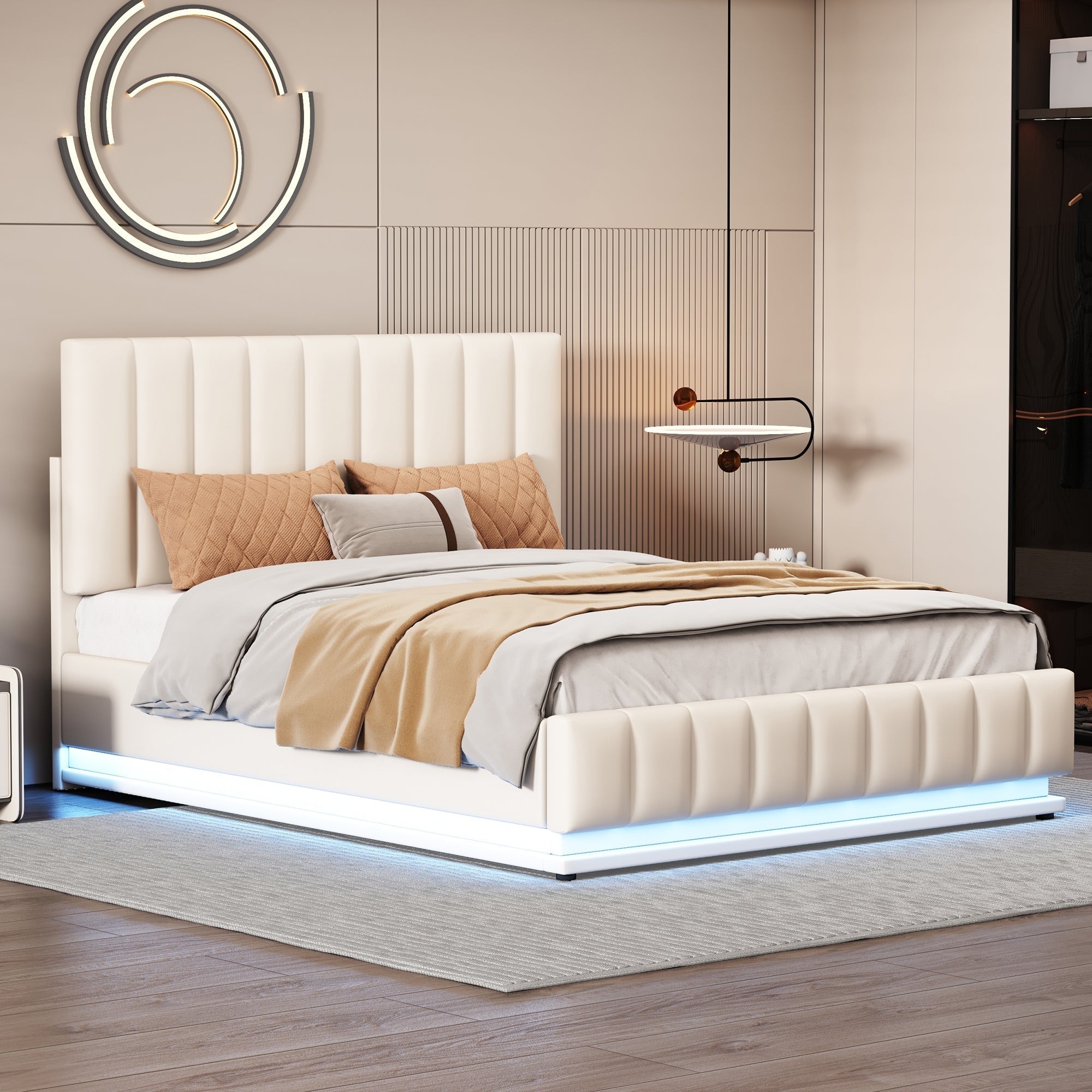 Upholstered Bed, 140x200cm, LED, Hydraulic Storage, White