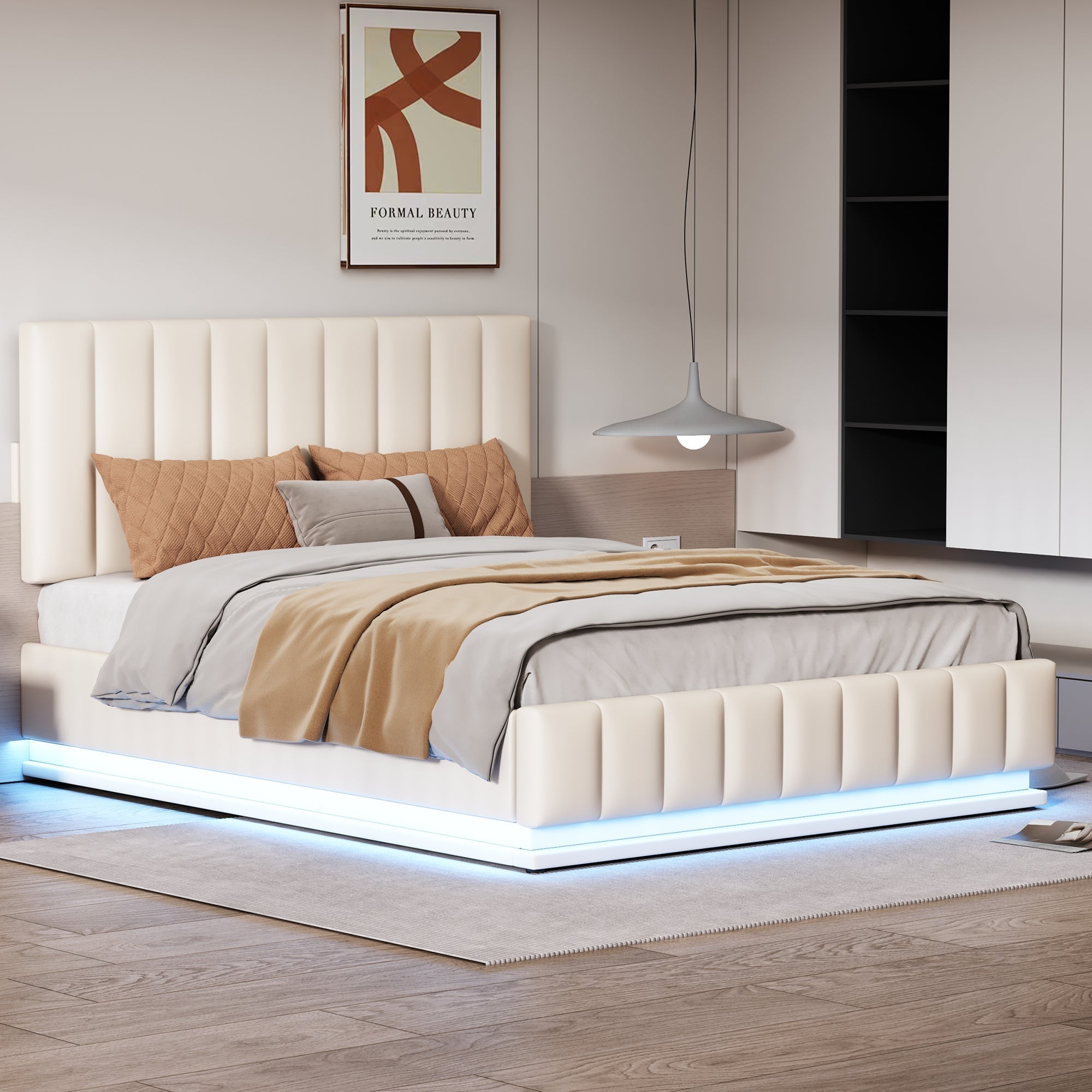 Upholstered Bed, 140x200cm, LED, Hydraulic Storage, White
