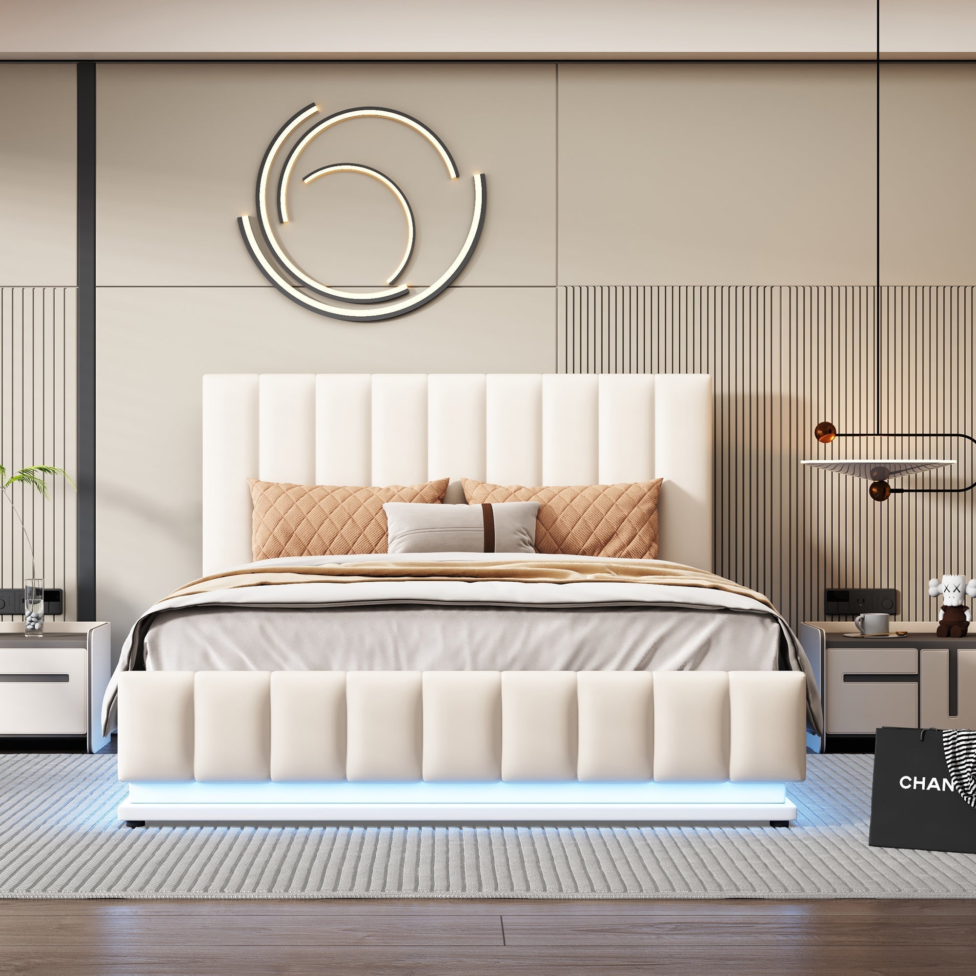Upholstered Bed, 140x200cm, LED, Hydraulic Storage, White