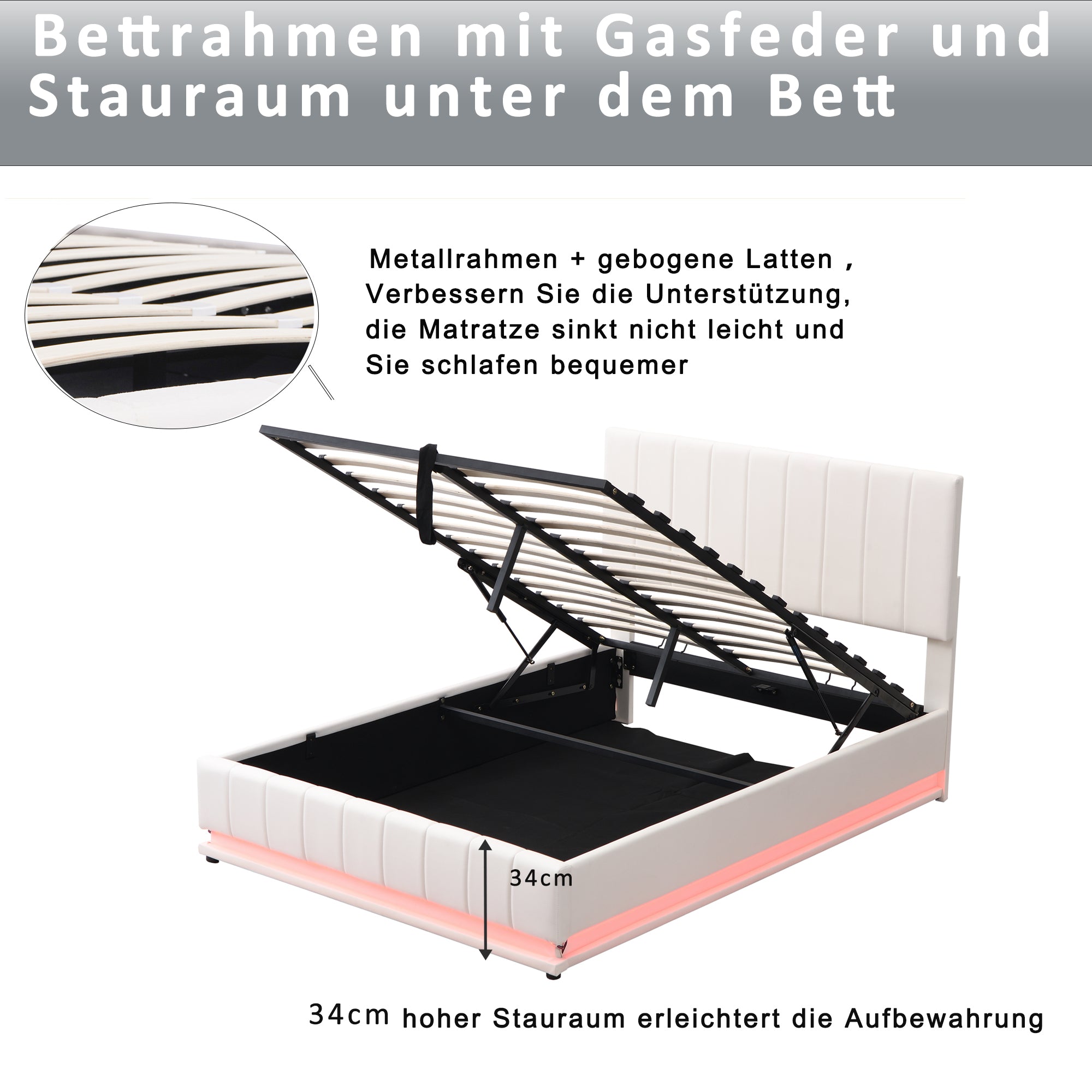 Upholstered Bed, 140x200cm, LED, Hydraulic Storage, White