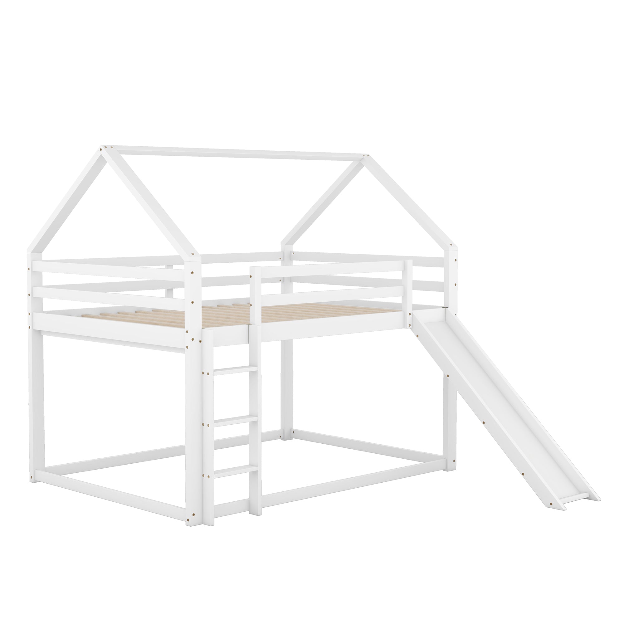 House Bunk Bed 140x200cm Double with Slide & Ladder - White