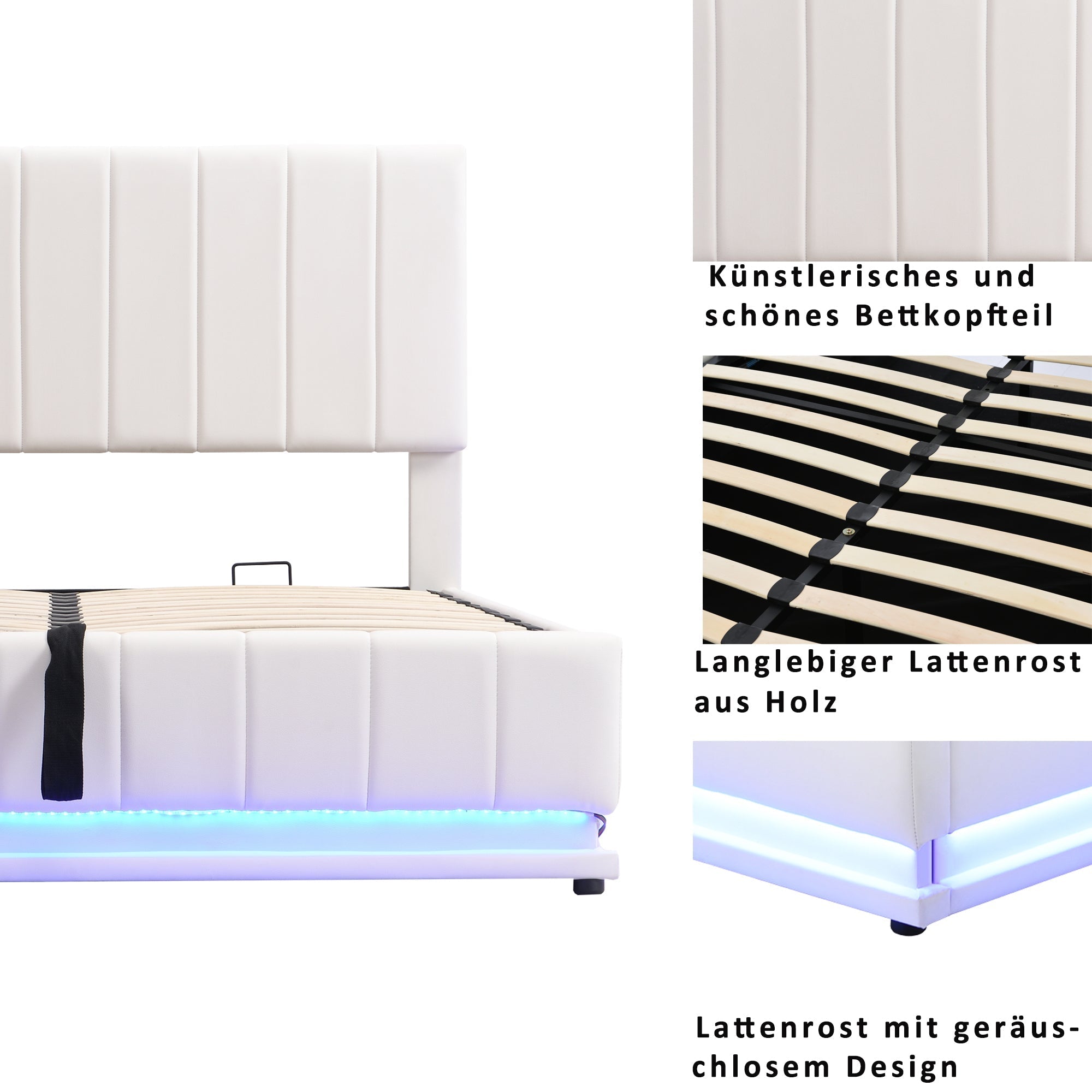 Upholstered Bed, 140x200cm, LED, Hydraulic Storage, White