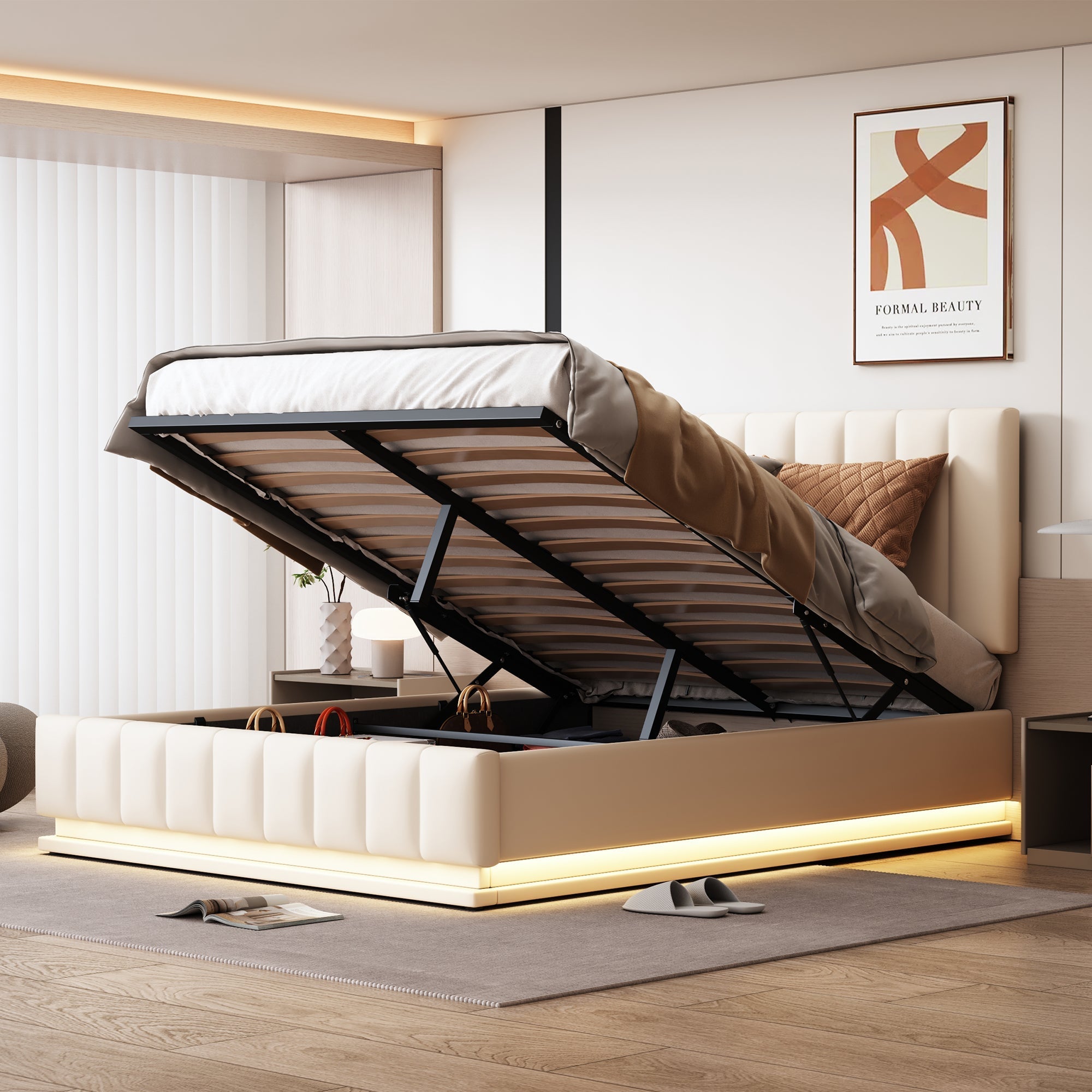 Upholstered Bed, 140x200cm, LED, Hydraulic Storage, White