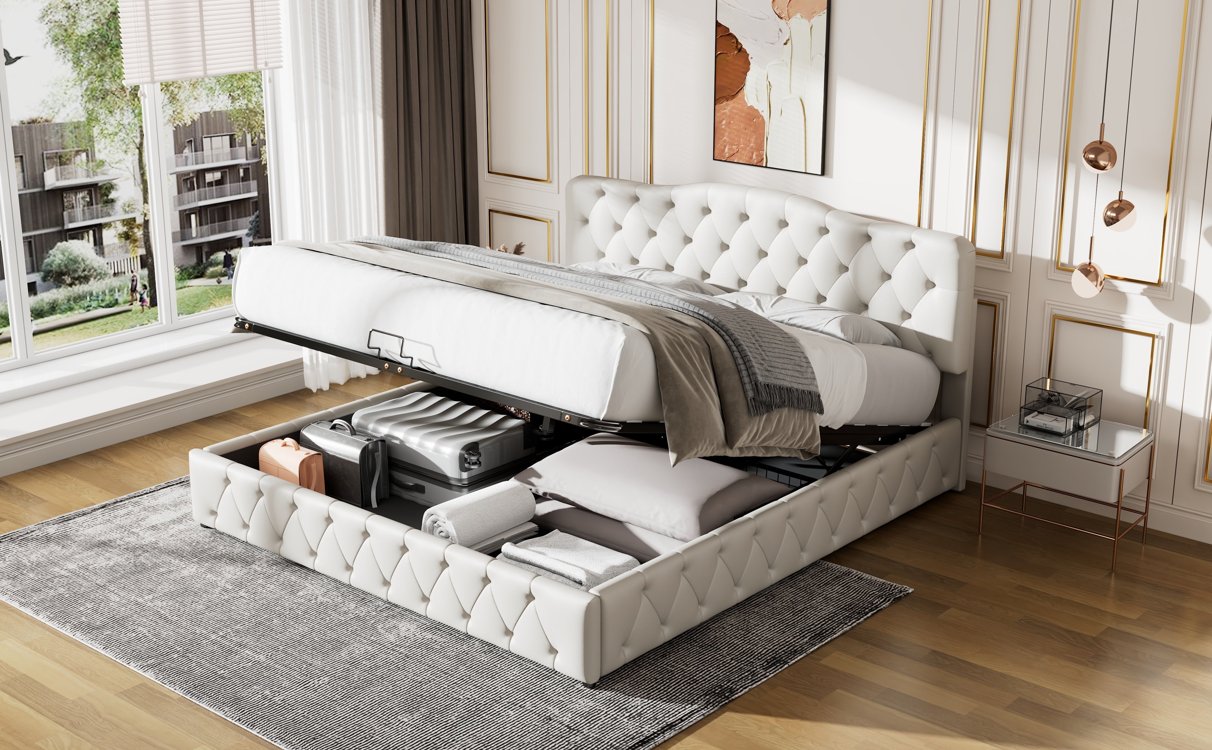 Upholstered Bed 180x200cm Storage Adjustable Headboard Slatted Frame - White PU