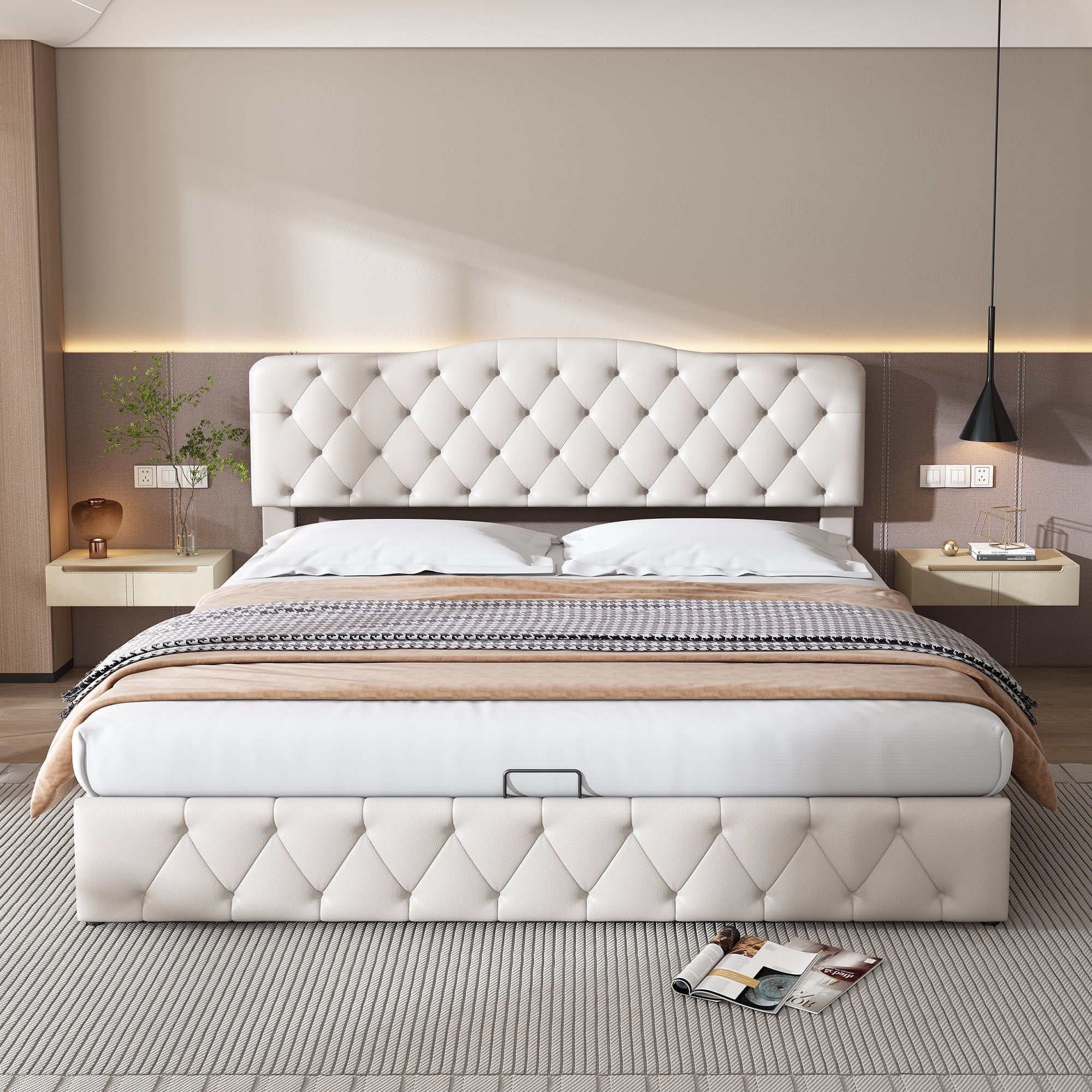 Upholstered Bed 180x200cm Storage Adjustable Headboard Slatted Frame - White PU