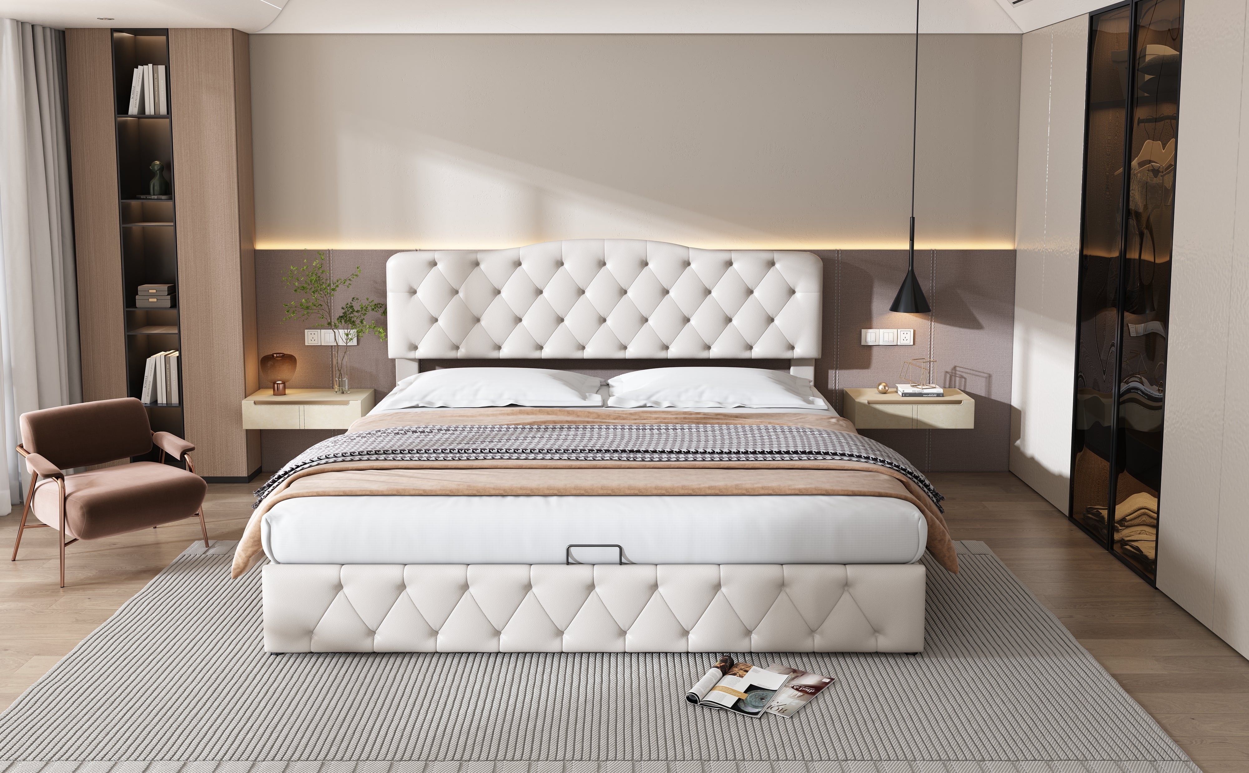 Upholstered Bed 180x200cm Storage Adjustable Headboard Slatted Frame - White PU