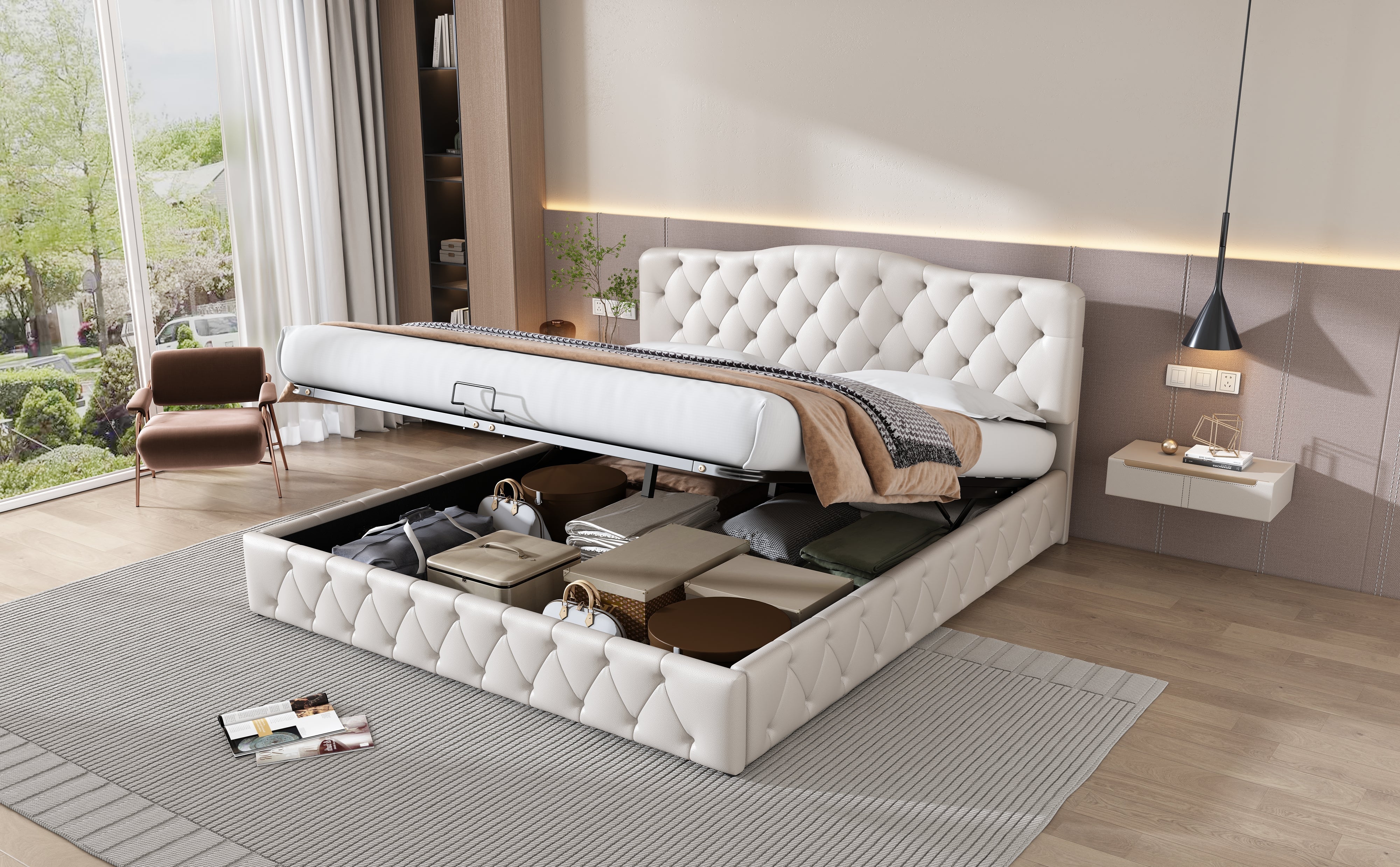 Upholstered Bed 180x200cm Storage Adjustable Headboard Slatted Frame - White PU