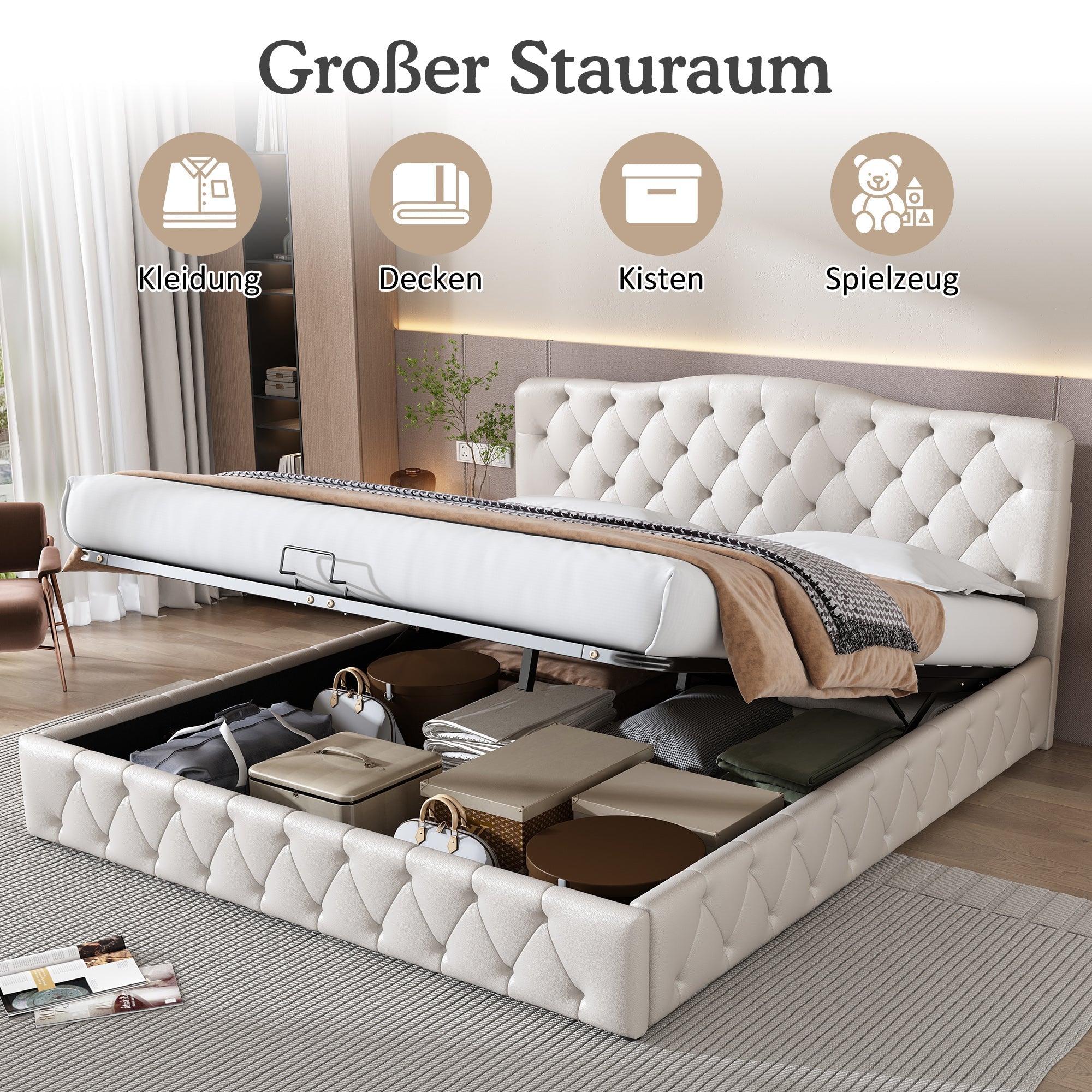 Upholstered Bed 180x200cm Storage Adjustable Headboard Slatted Frame - White PU