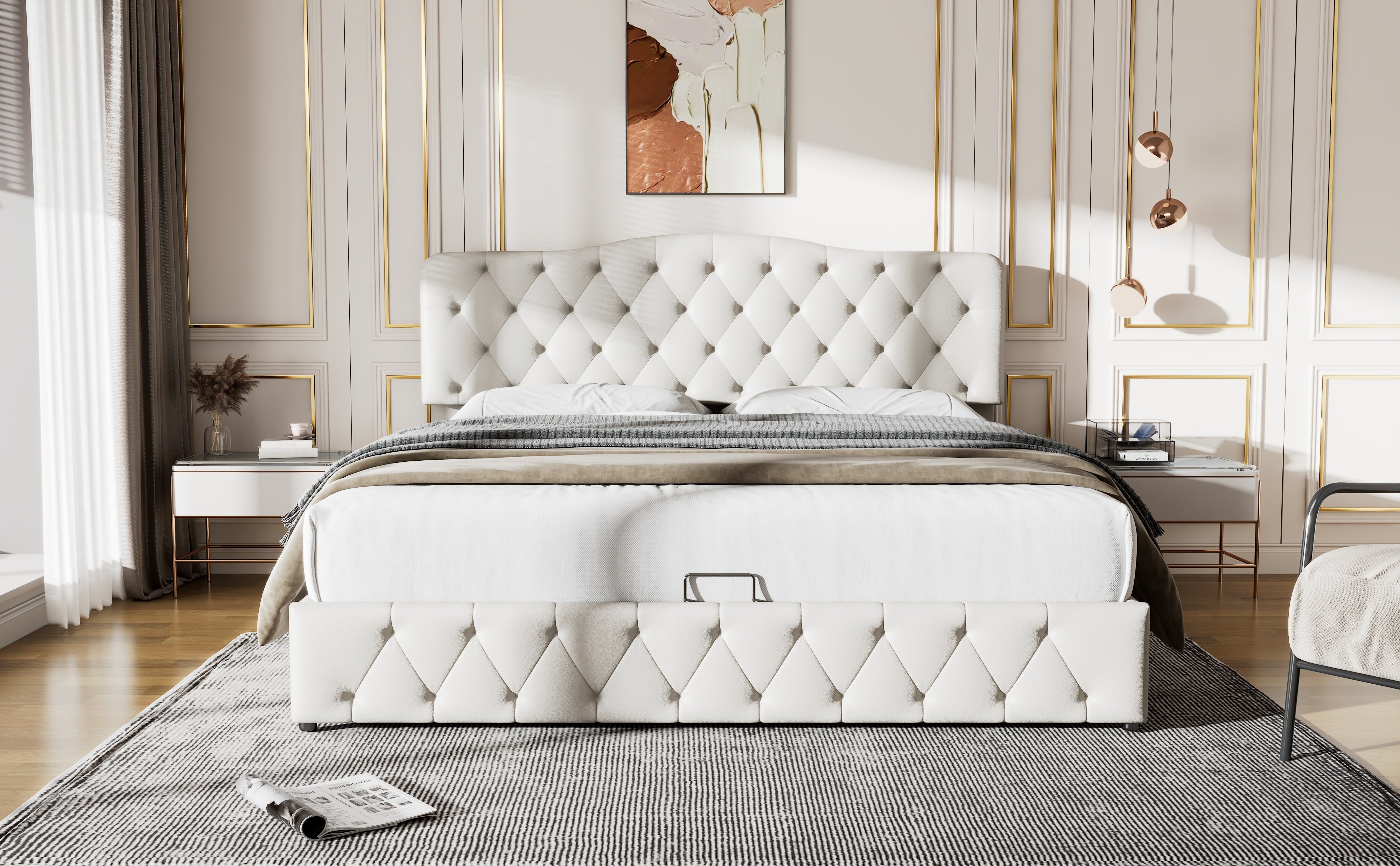 Upholstered Bed 180x200cm Storage Adjustable Headboard Slatted Frame - White PU