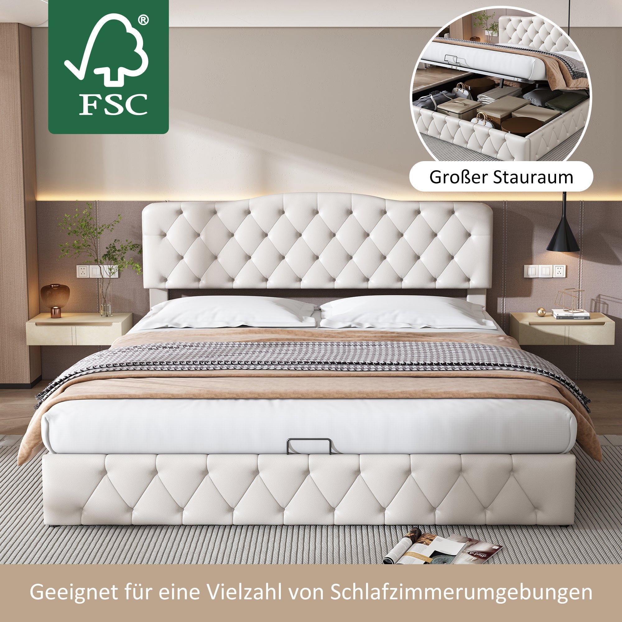 Upholstered Bed 180x200cm Storage Adjustable Headboard Slatted Frame - White PU