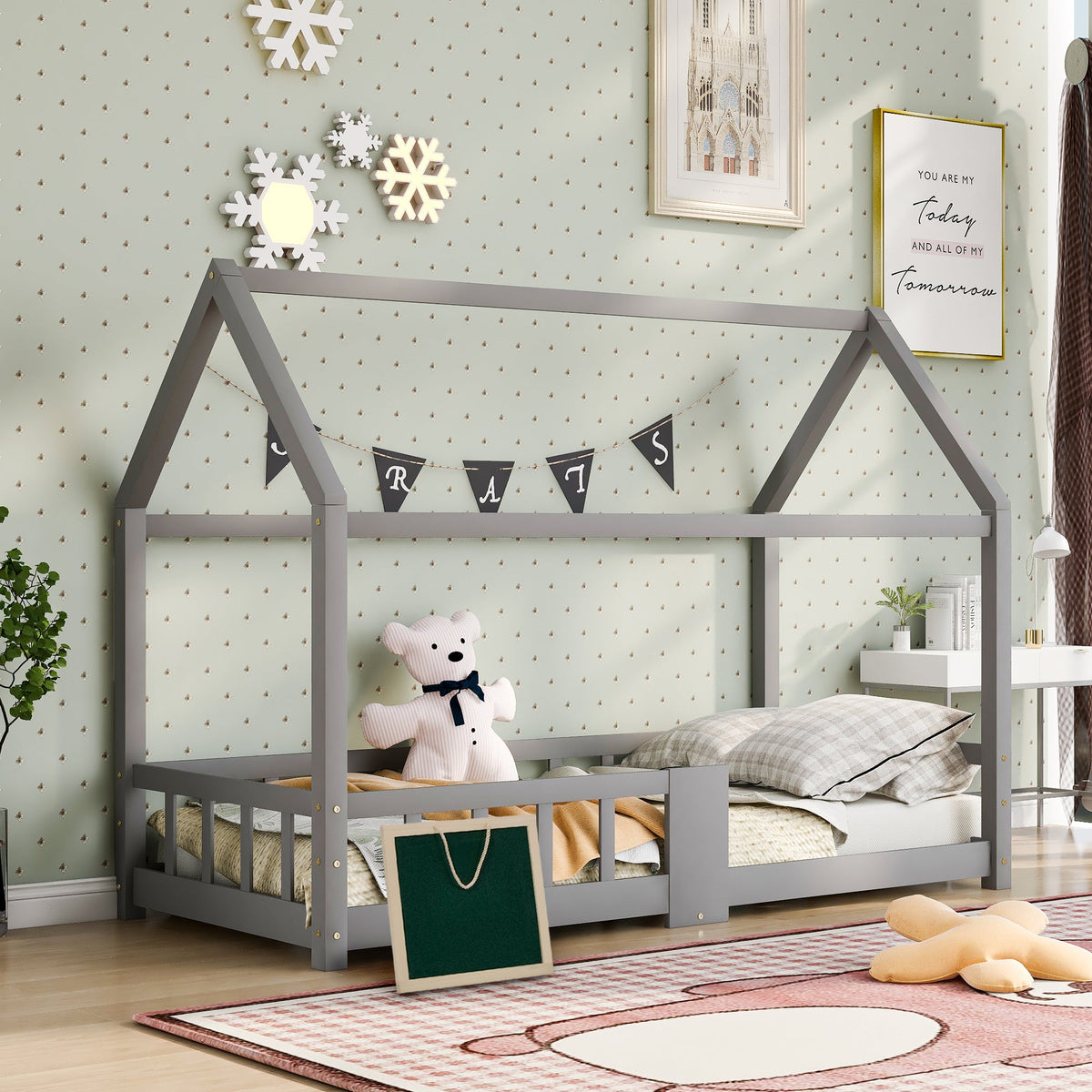 Children's House Bed 90x200cm Chalkboard Slatted Base Safety Rail Pine Wood, Grey
