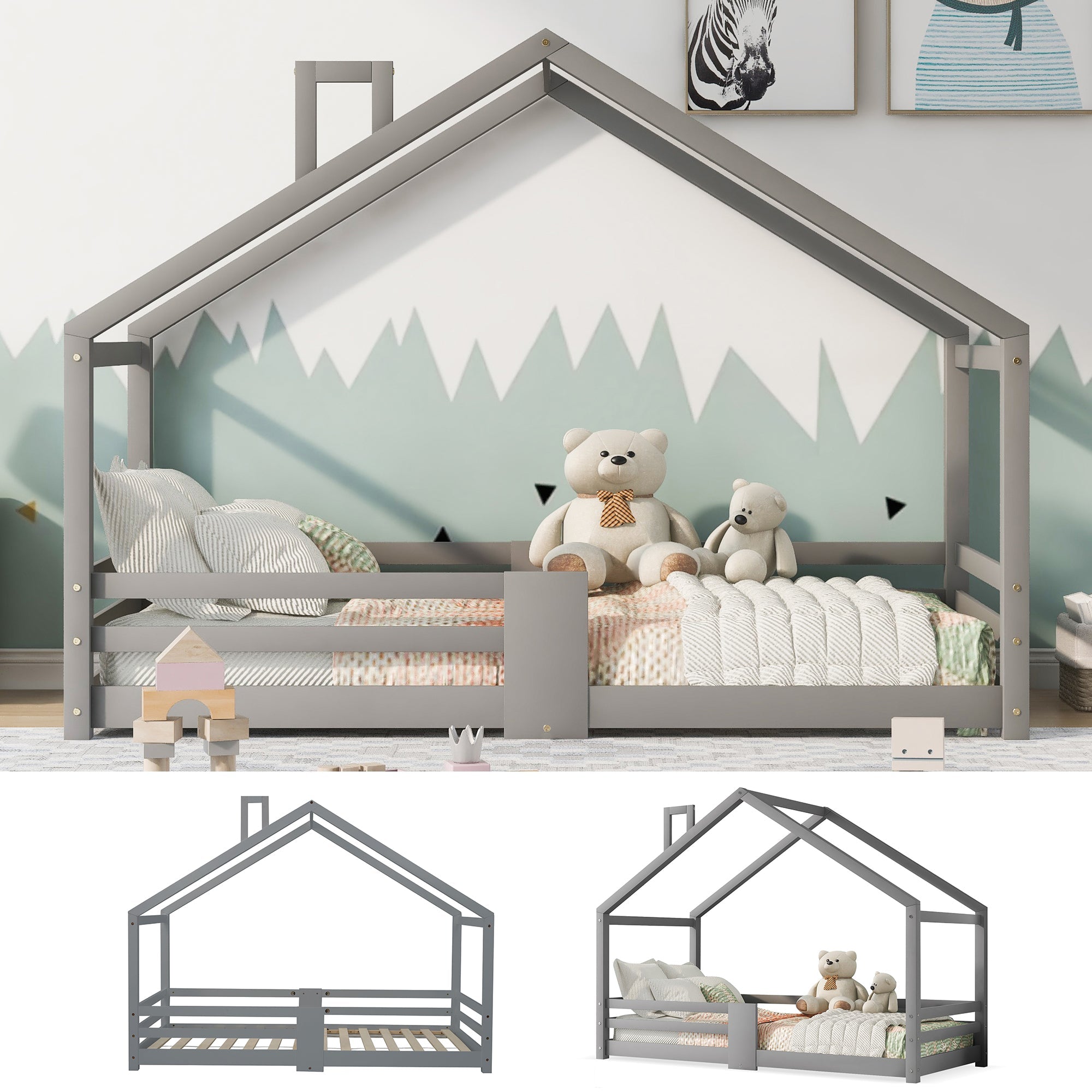 Children's House Bed with Chimney & Fall Protection, Pine Wood, Grey