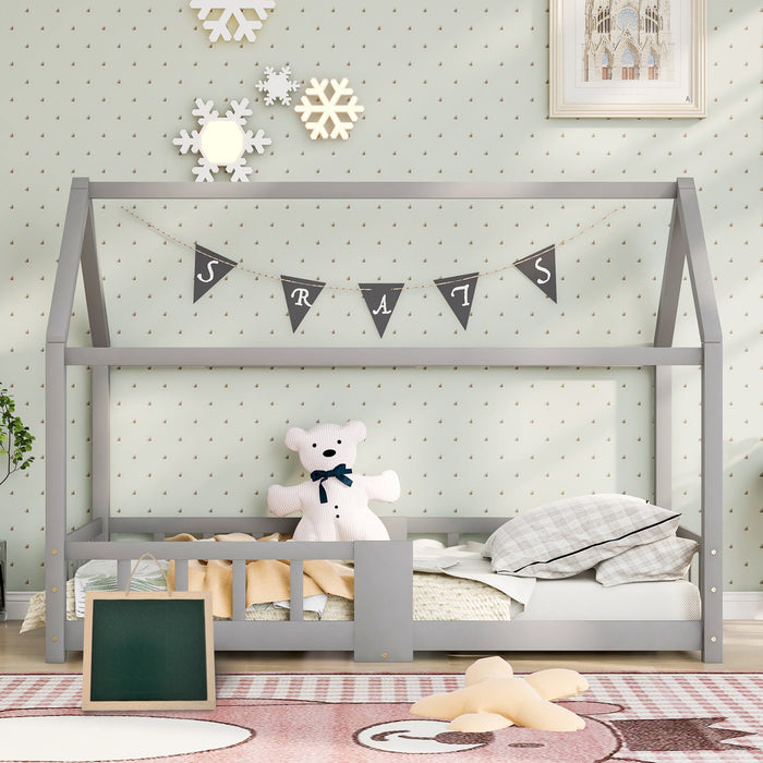 Children's House Bed 90x200cm Chalkboard Slatted Base Safety Rail Pine Wood, Grey