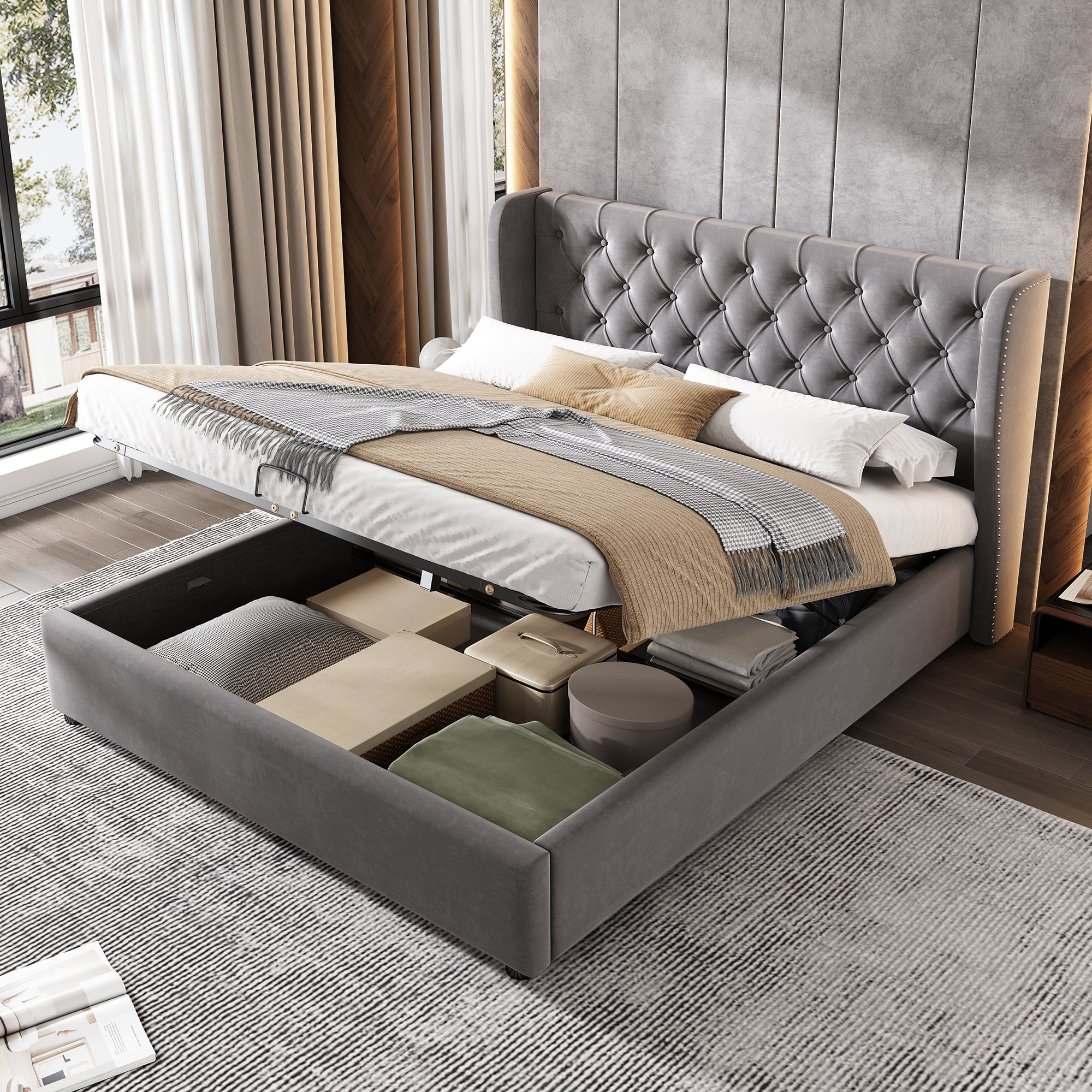 Upholstered Bed 140x200 Hydraulic Storage Slatted Frame with Ear Shape & Button Seams - Velvet Grey