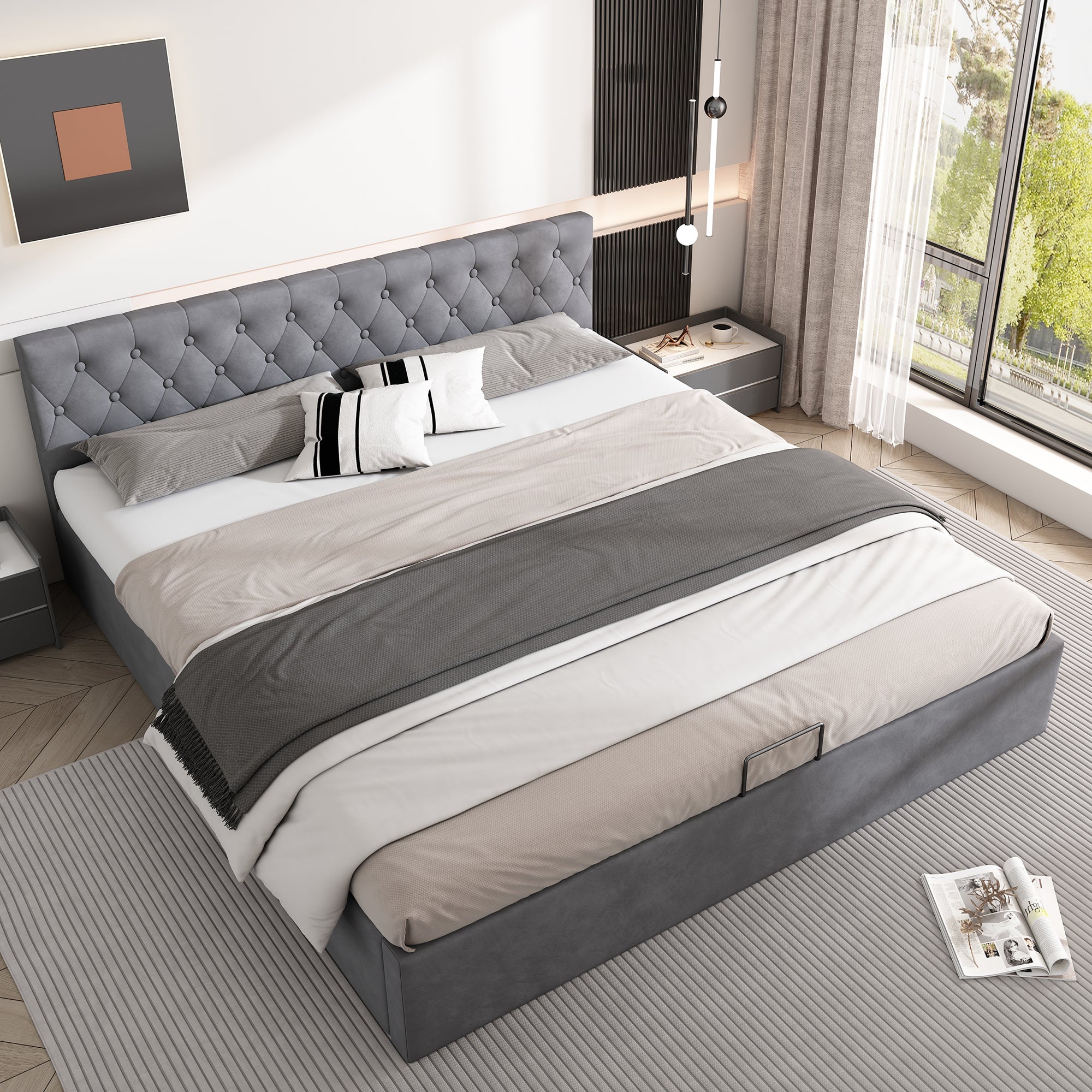 Velvet Upholstered Bed with Hydraulic Storage and Buttoned Headboard, 180x200cm, Grey