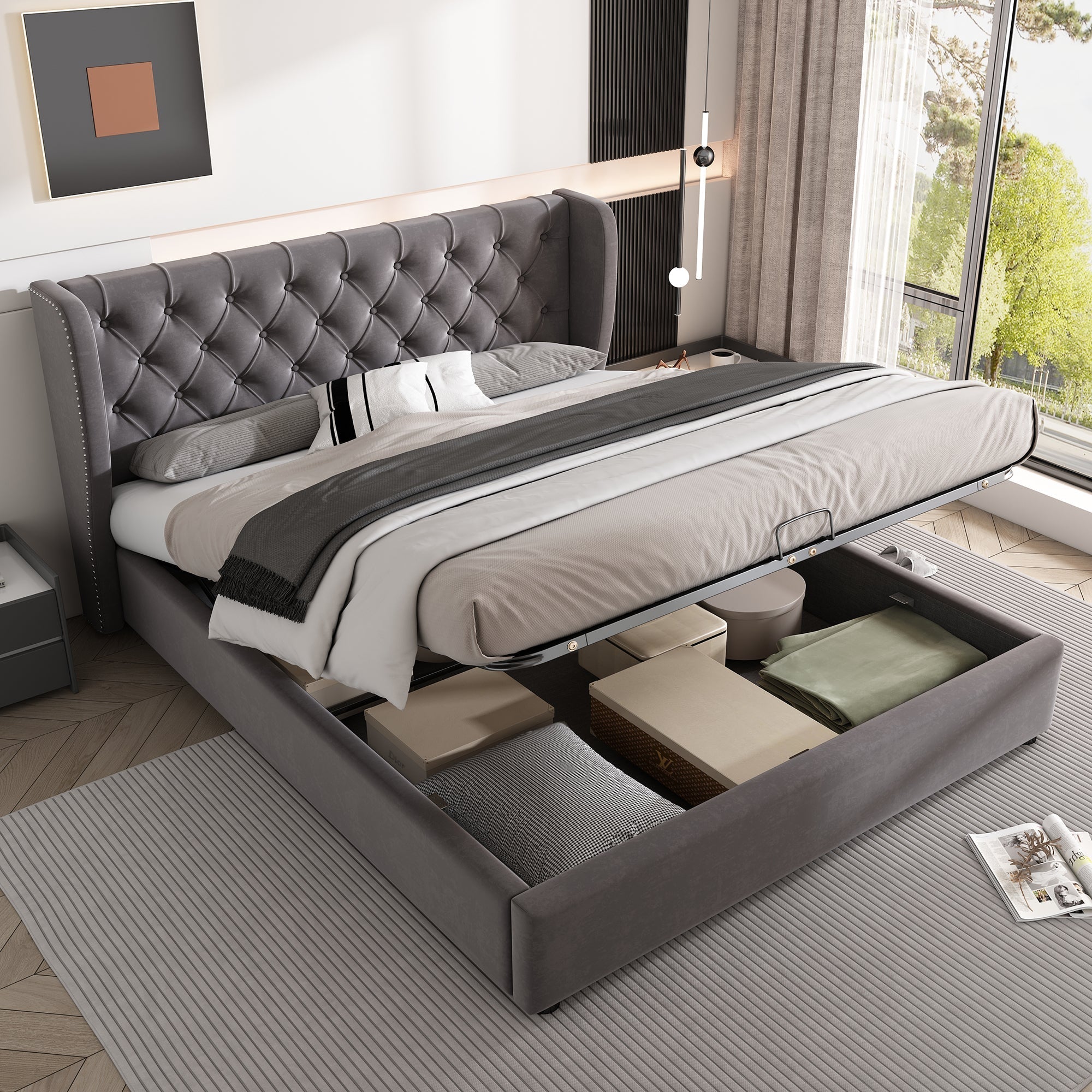 Upholstered Bed 140x200 Hydraulic Storage Slatted Frame with Ear Shape & Button Seams - Velvet Grey