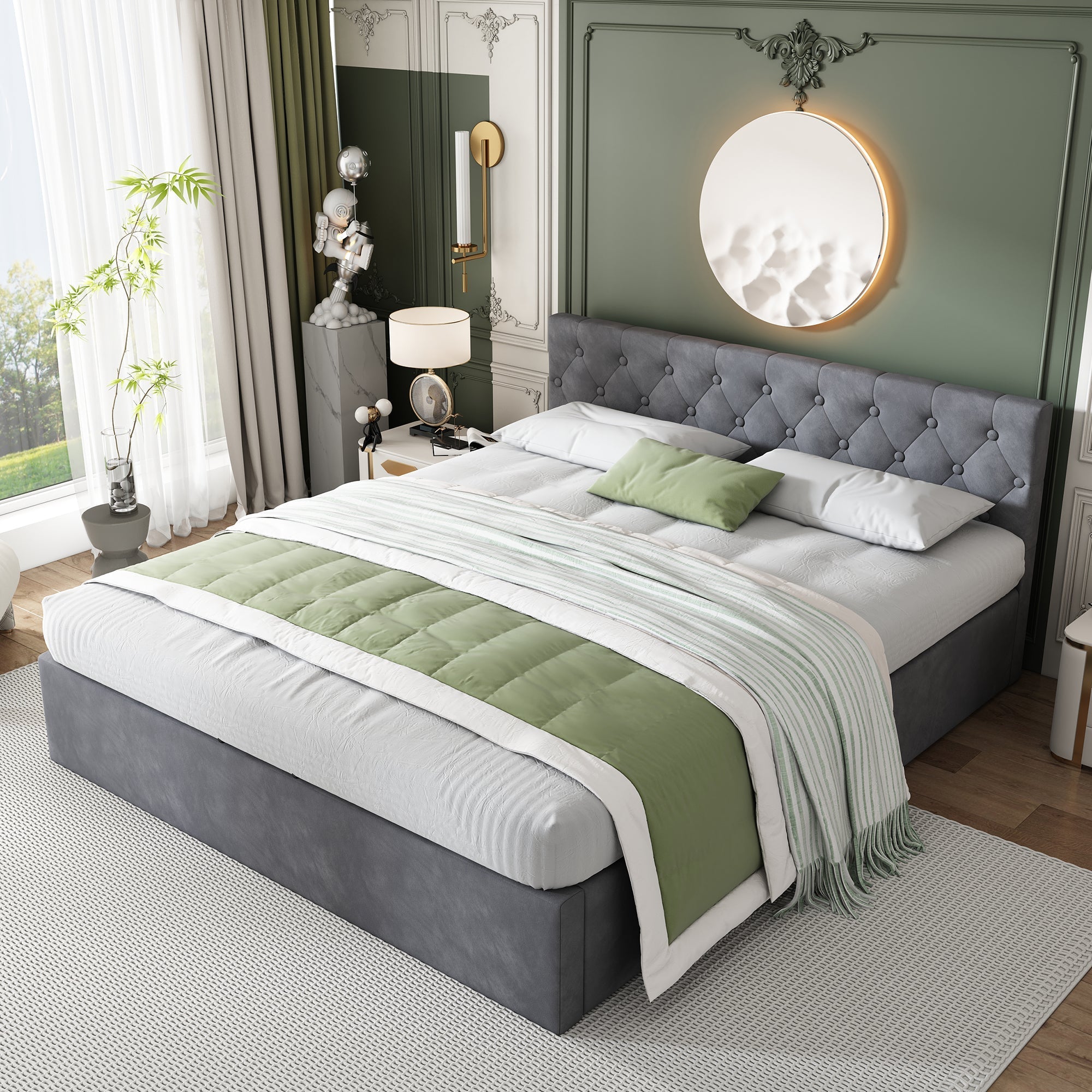 Upholstered Double Bed 140x200cm Hydraulic Storage Buttoned Headboard - Velvet Grey