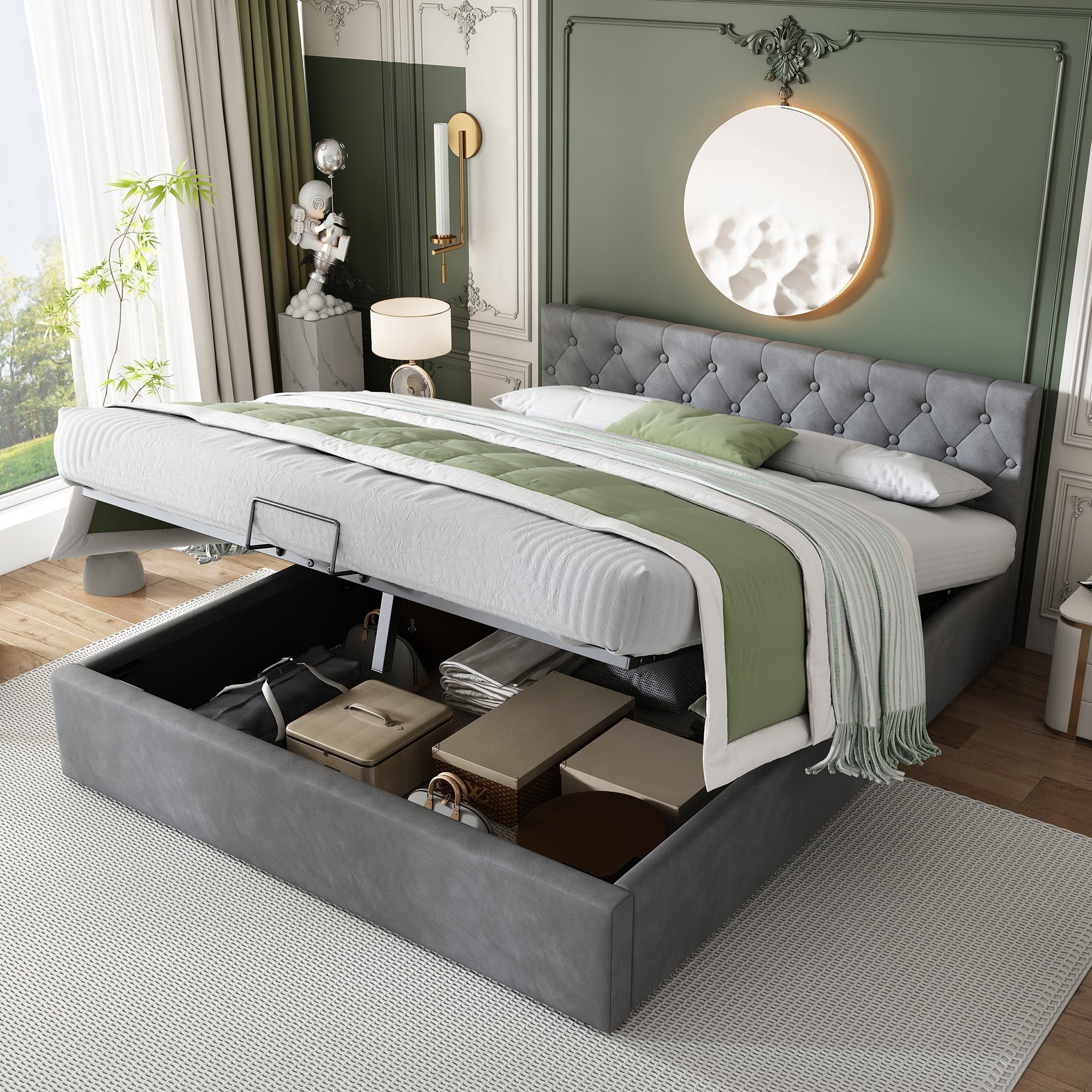 Upholstered Double Bed 140x200cm Hydraulic Storage Buttoned Headboard - Velvet Grey
