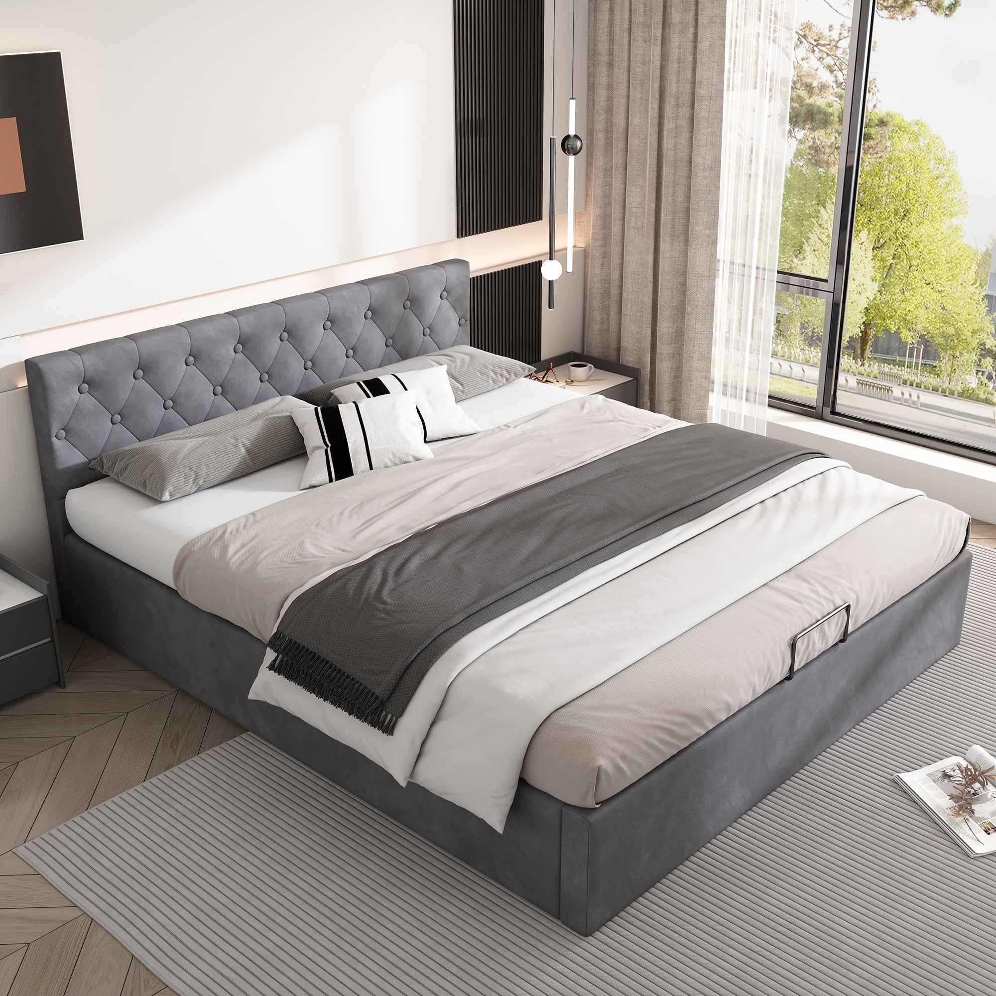 Upholstered Double Bed 140x200cm Hydraulic Storage Buttoned Headboard - Velvet Grey