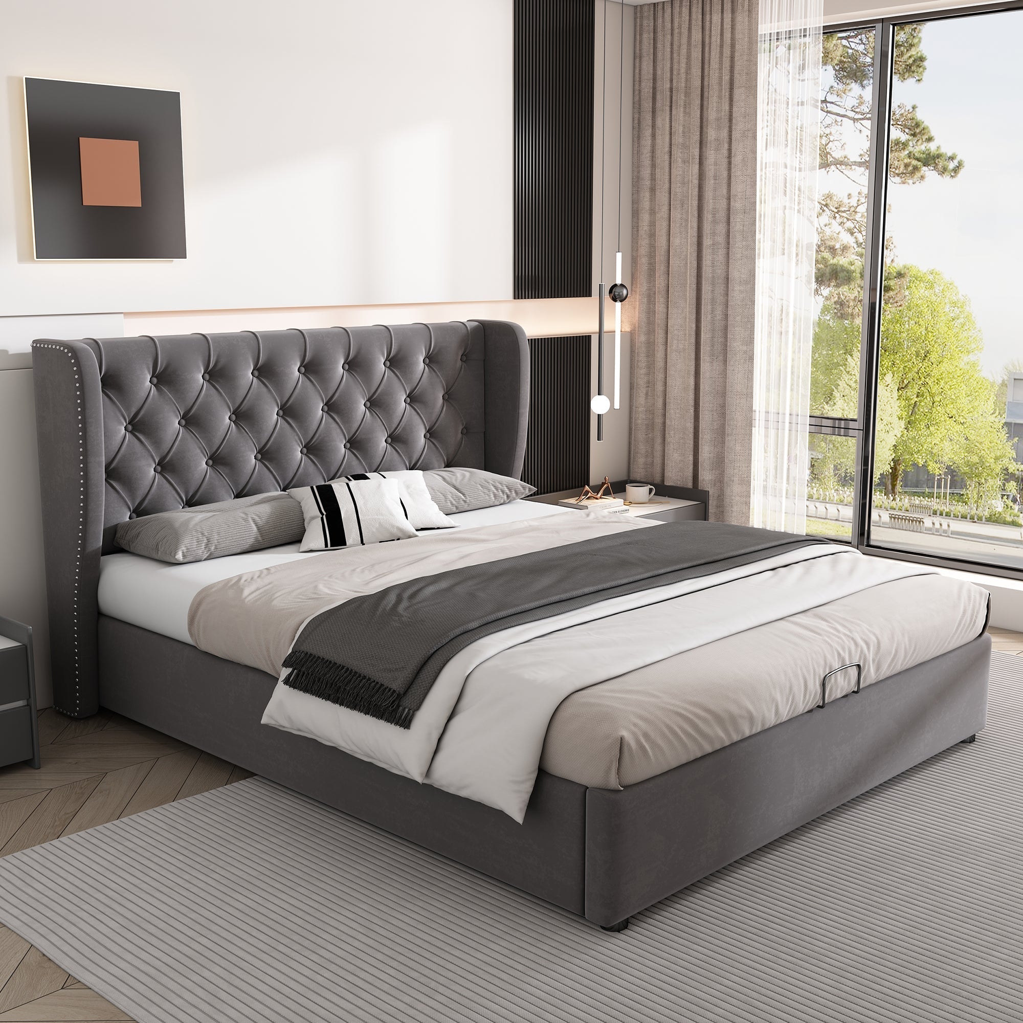 Upholstered Bed 140x200 Hydraulic Storage Slatted Frame with Ear Shape & Button Seams - Velvet Grey
