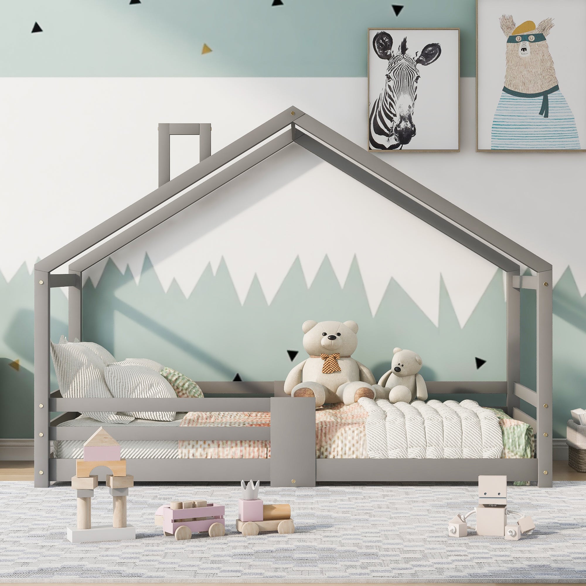 Children's House Bed with Chimney & Fall Protection, Pine Wood, Grey