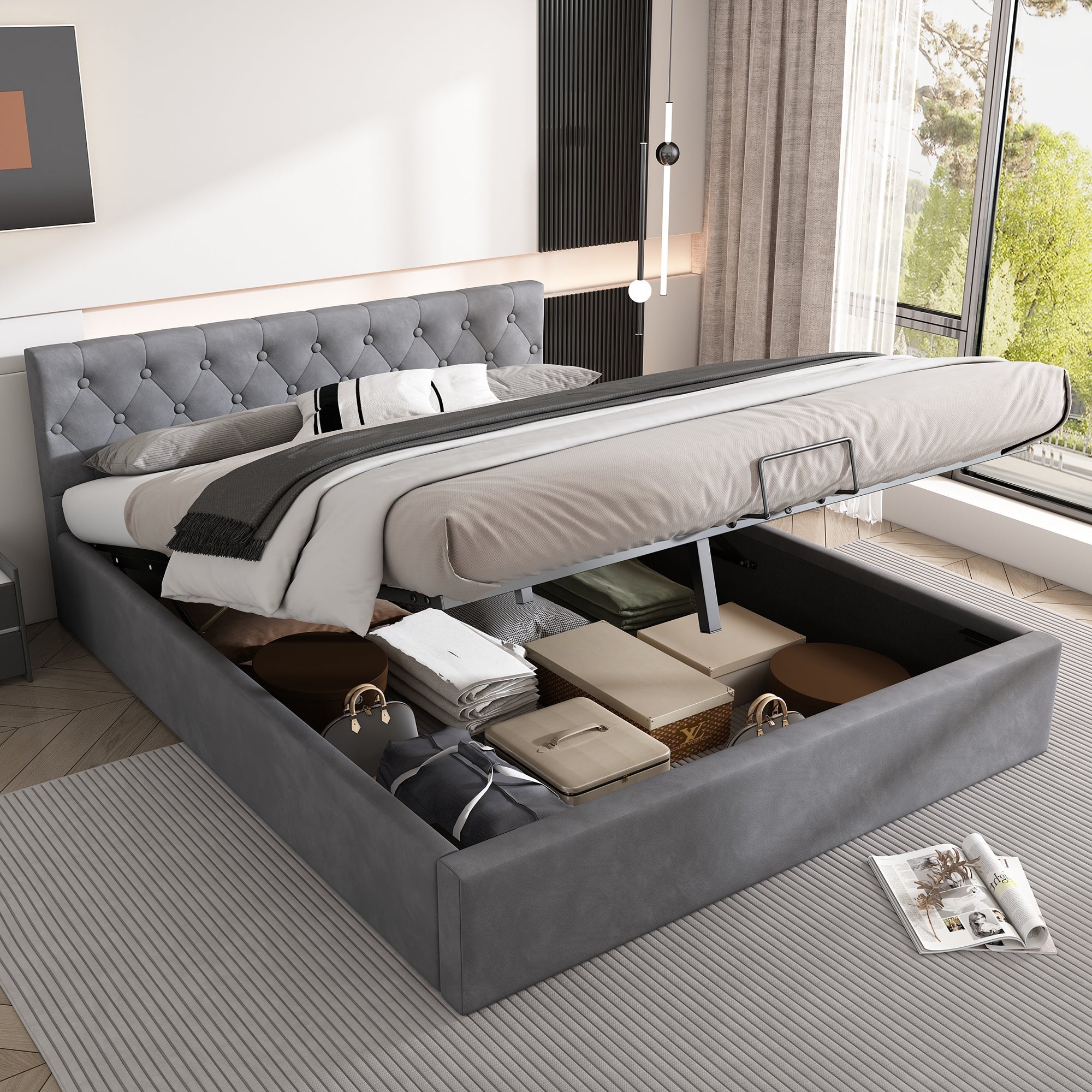 Upholstered Double Bed 140x200cm Hydraulic Storage Buttoned Headboard - Velvet Grey