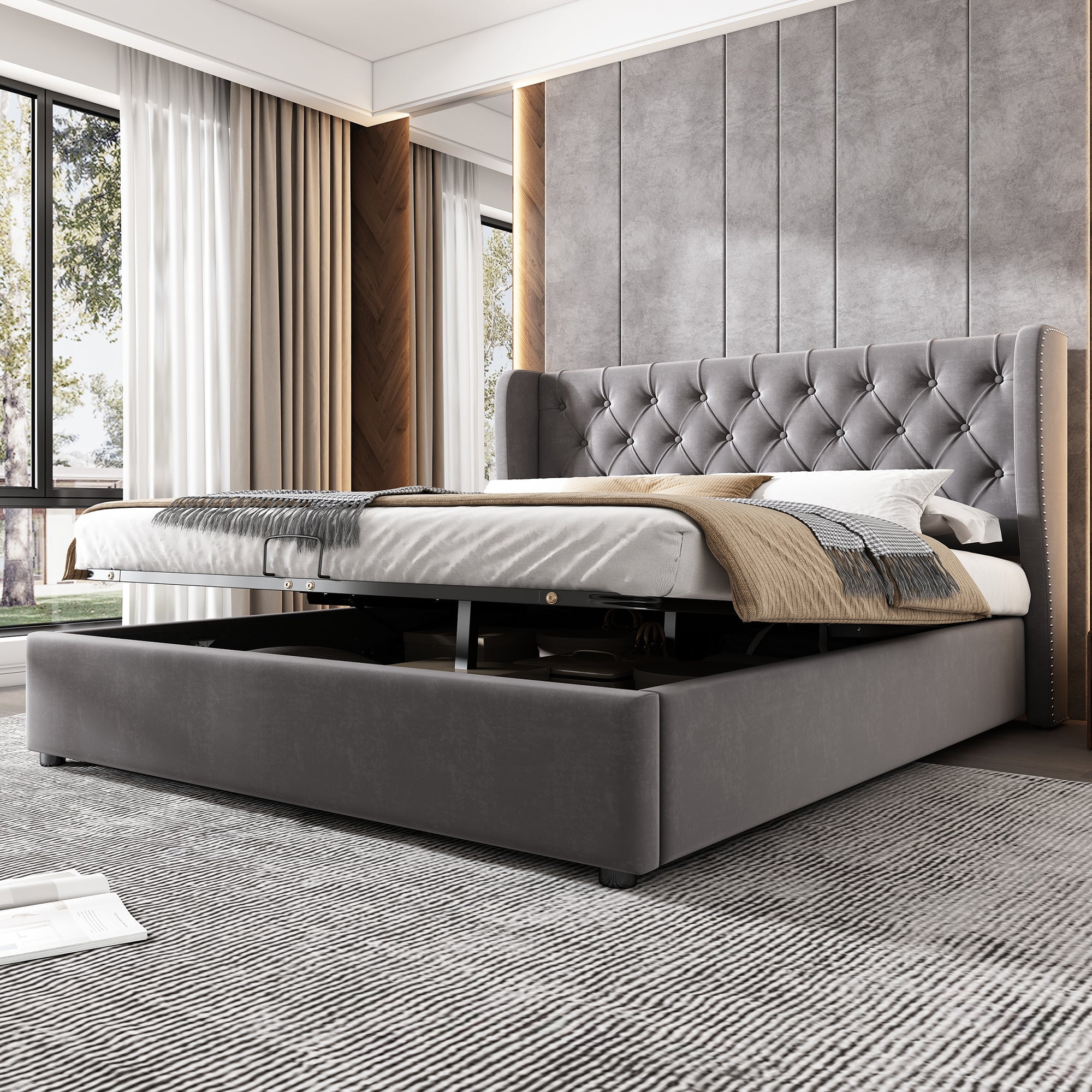 Upholstered Bed 140x200 Hydraulic Storage Slatted Frame with Ear Shape & Button Seams - Velvet Grey