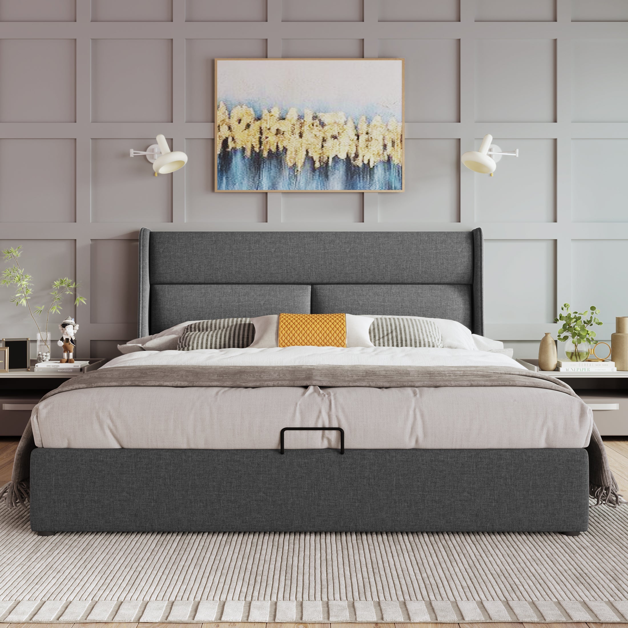 Upholstered Double Bed, Adjustable Headrests Storage with Linen Material