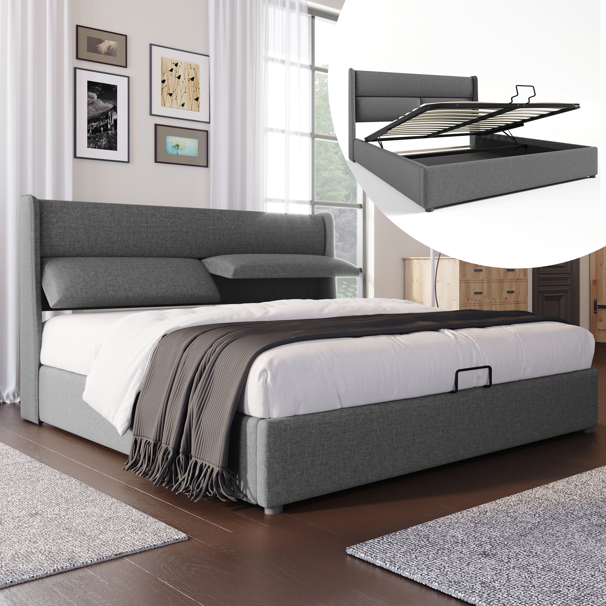 Upholstered Double Bed, Adjustable Headrests Storage with Linen Material