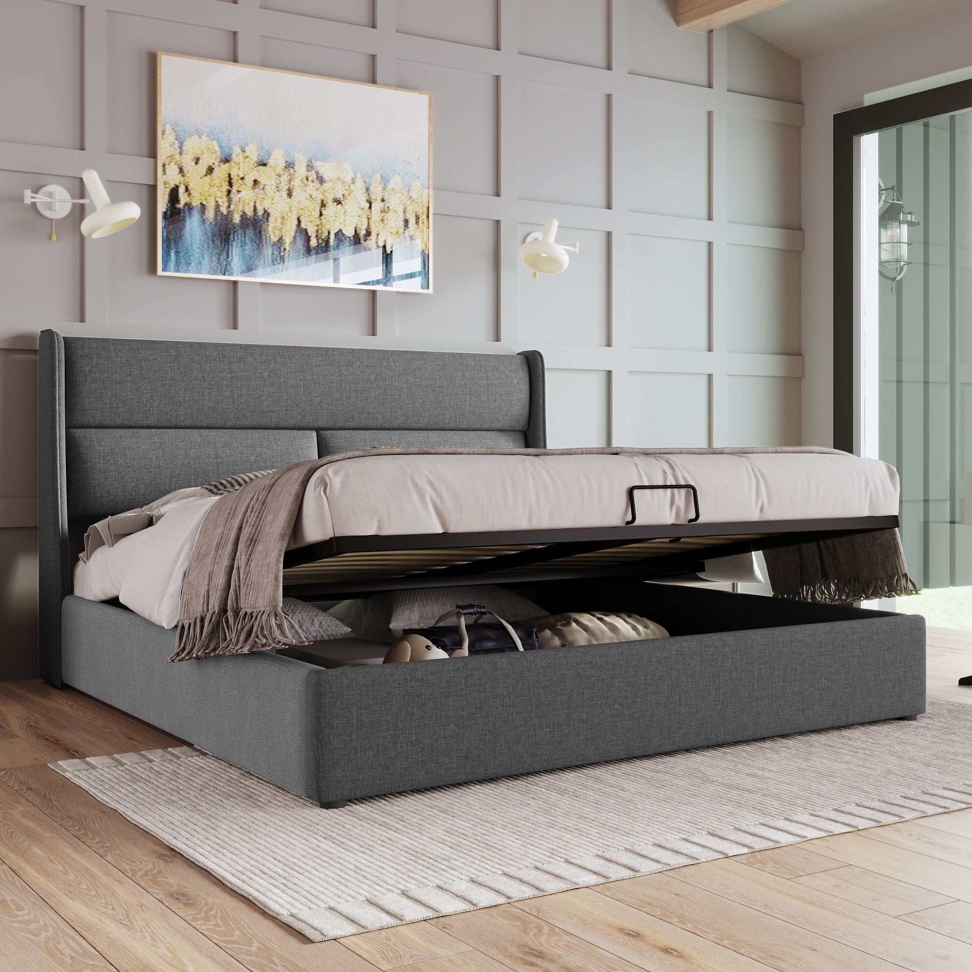 Upholstered Double Bed, Adjustable Headrests Storage with Linen Material