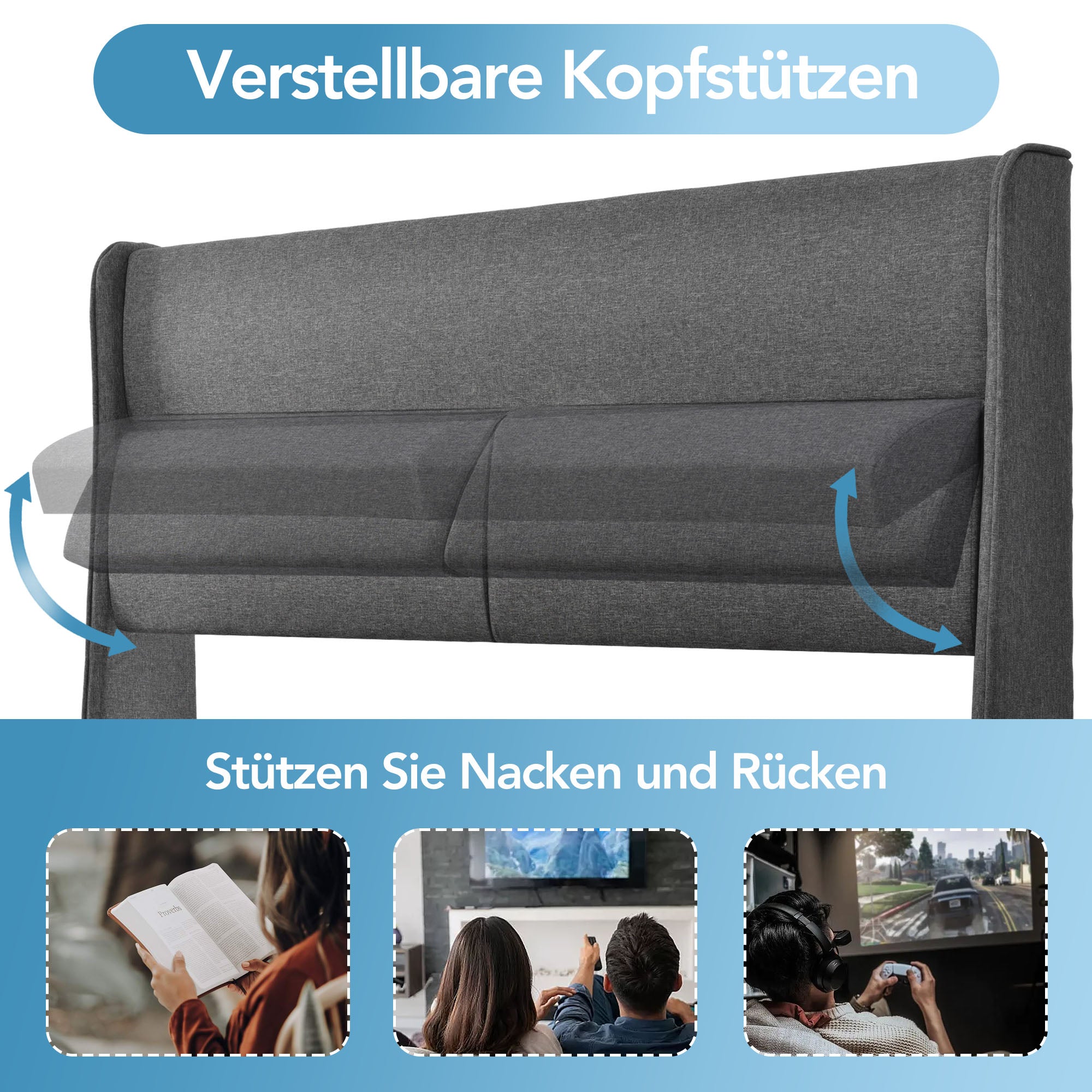 Upholstered Double Bed, Adjustable Headrests Storage with Linen Material