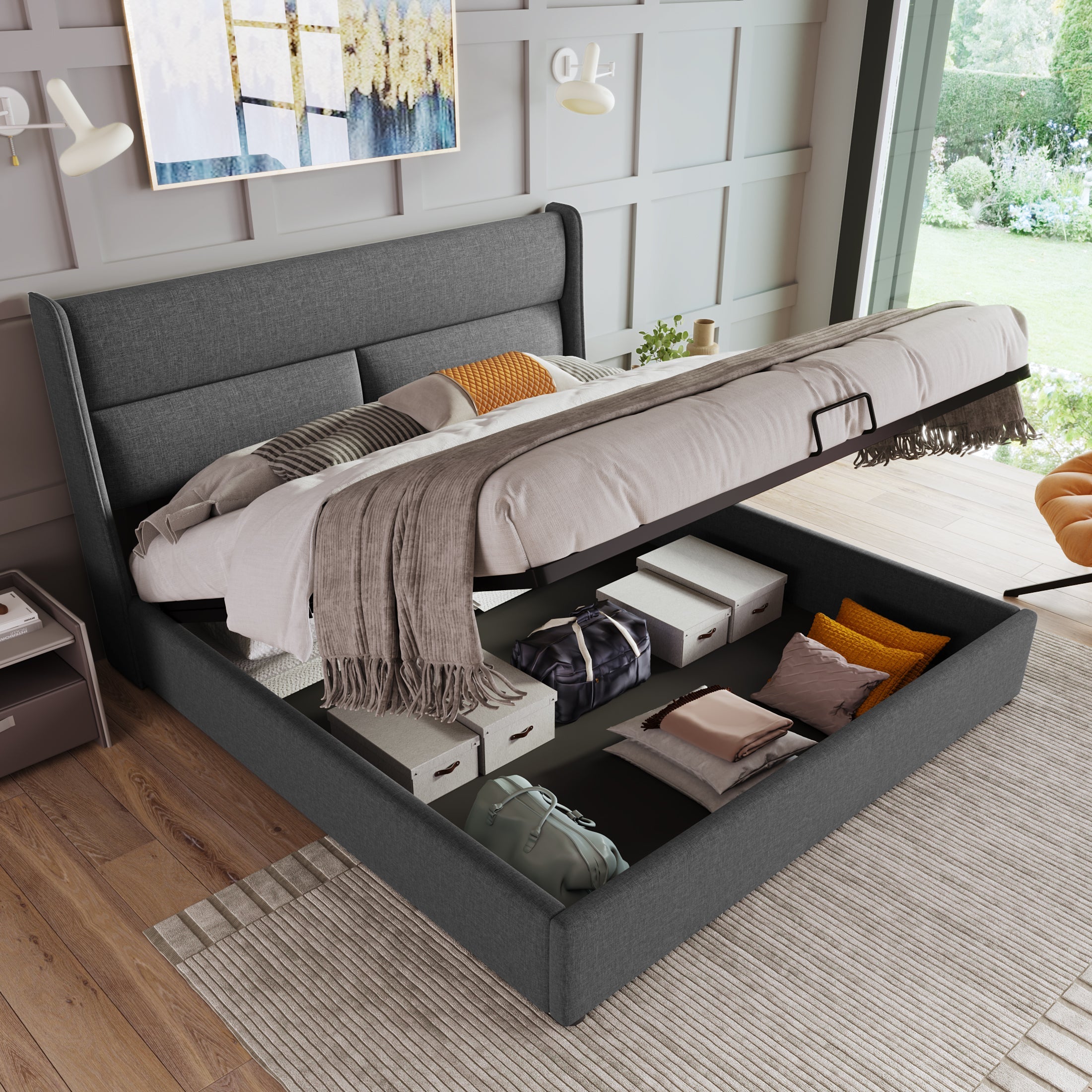 Upholstered Double Bed, Adjustable Headrests Storage with Linen Material