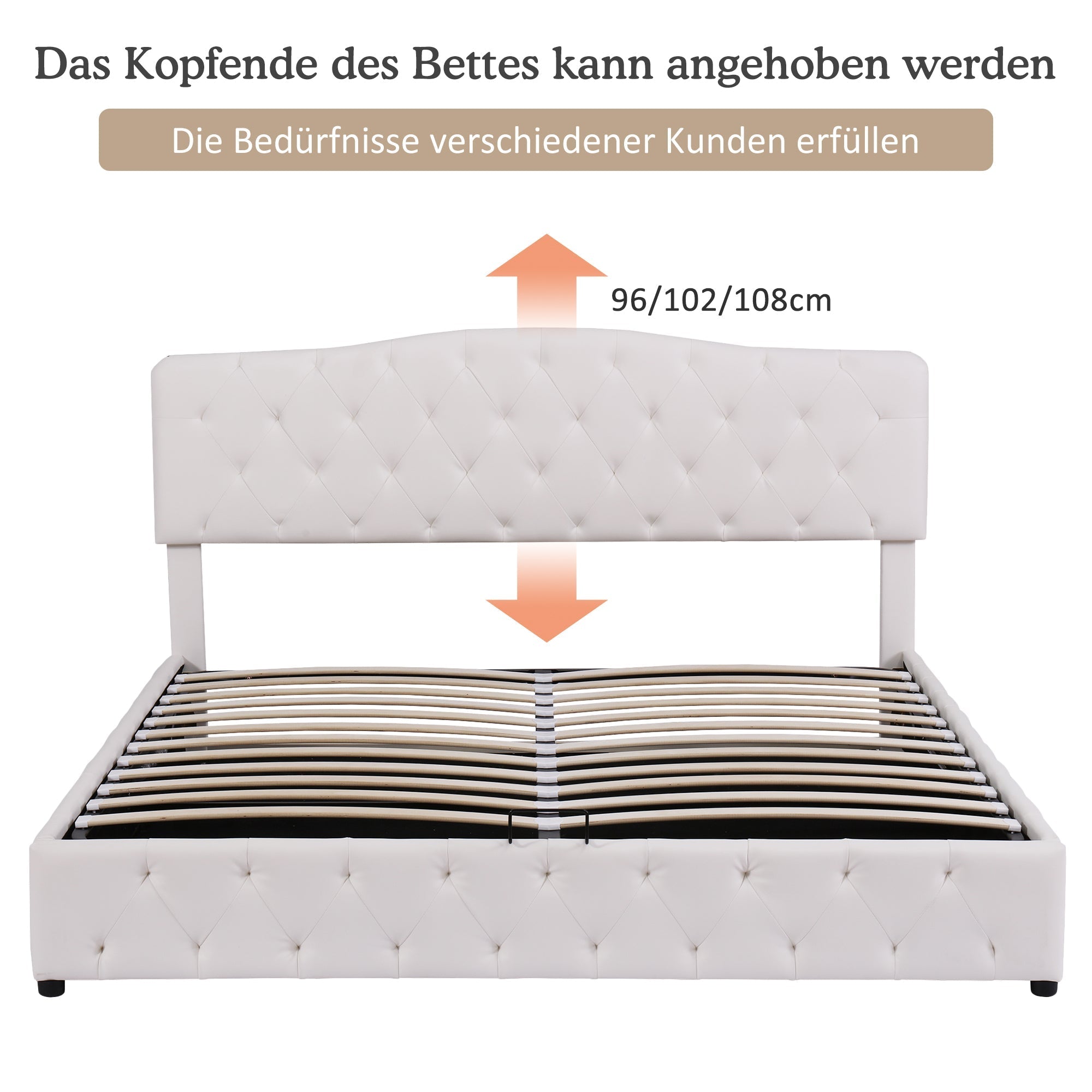 Upholstered Bed 180x200cm Storage Adjustable Headboard Slatted Frame - White PU