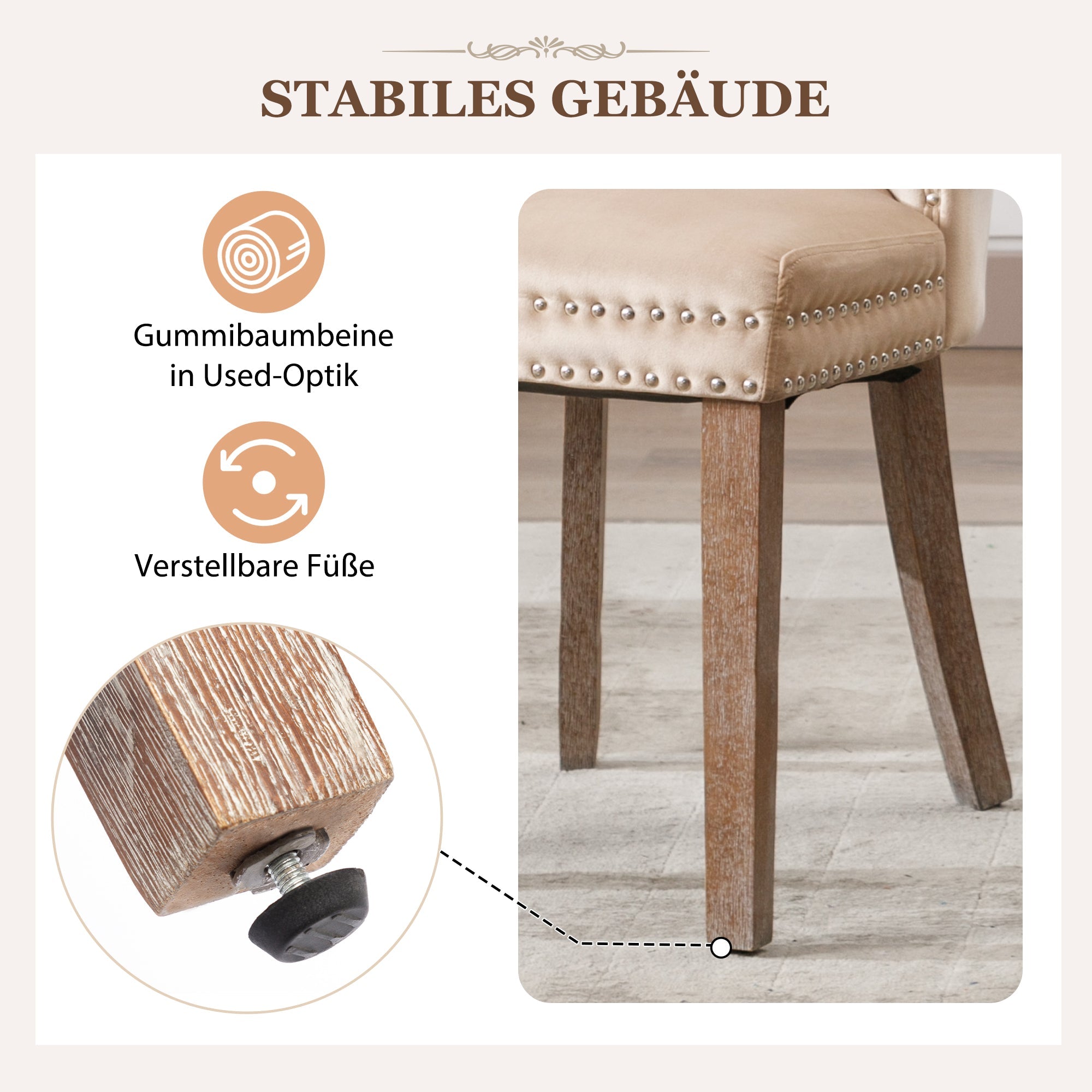 Dining Chair Set of 4 Upholstered Door Knocker Back Nailhead Trim Solid Wood Legs Beige Velvet