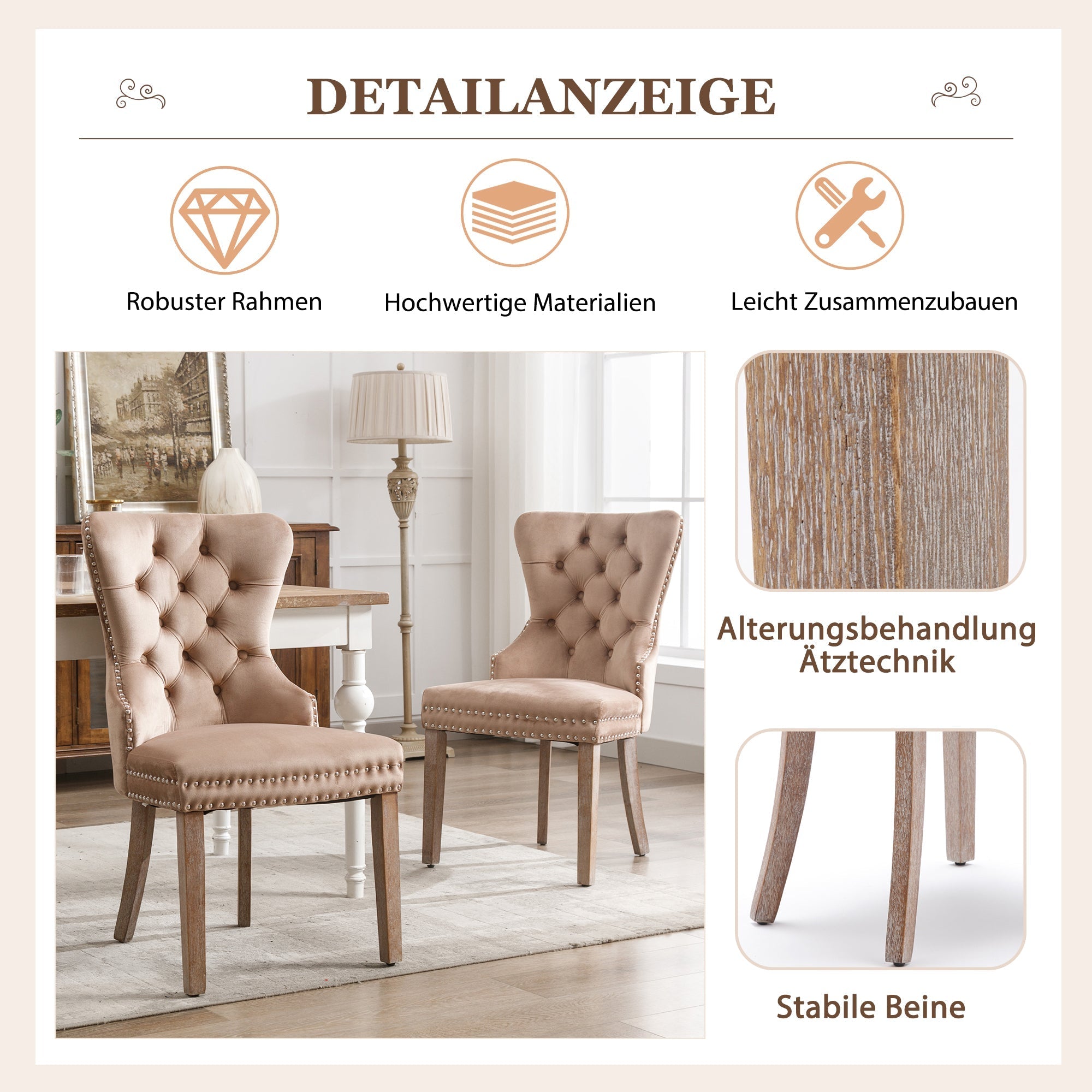 Dining Chair Set of 6 - Upholstered Nailhead Trim Door Knocker Back Solid Wood Legs - Brown Velvet