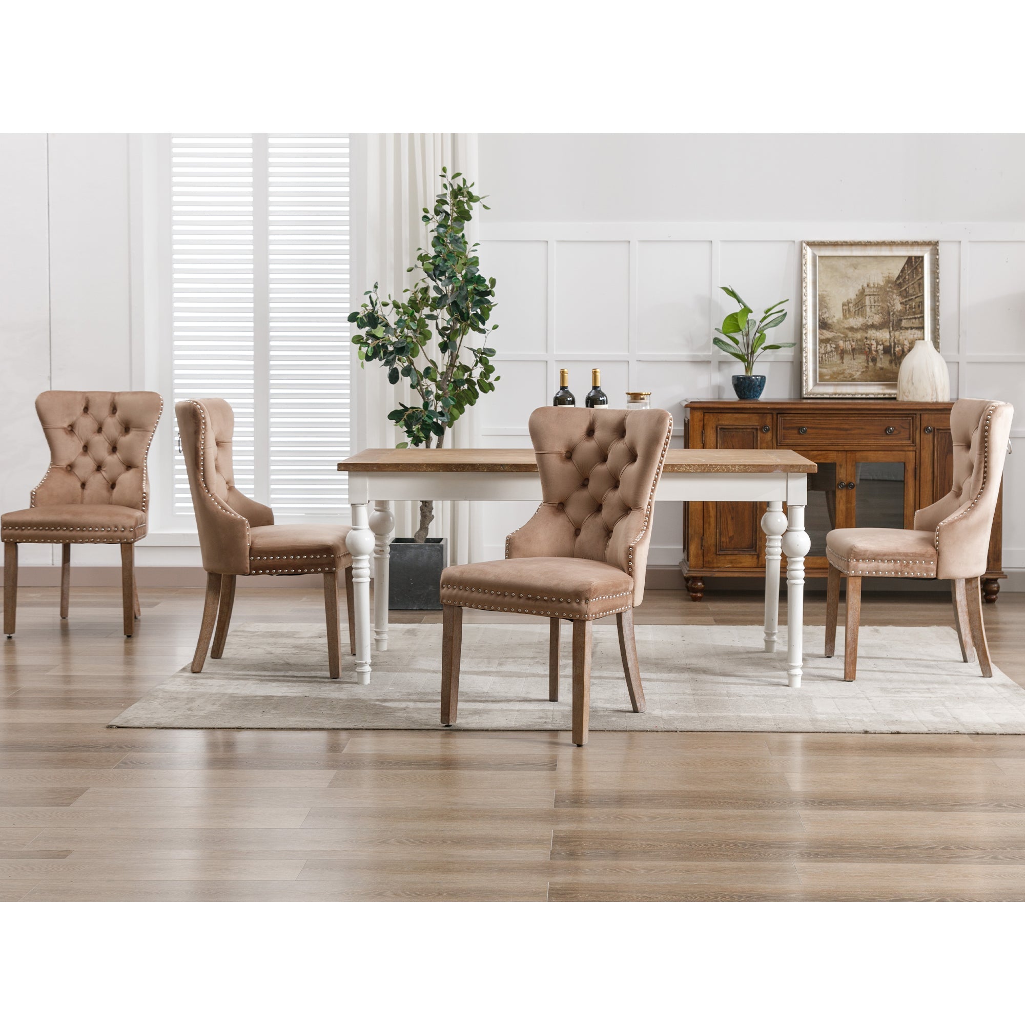 Dining Chair Set of 4, Upholstered Door Knocker Back Nailhead Trim, Brown Velvet