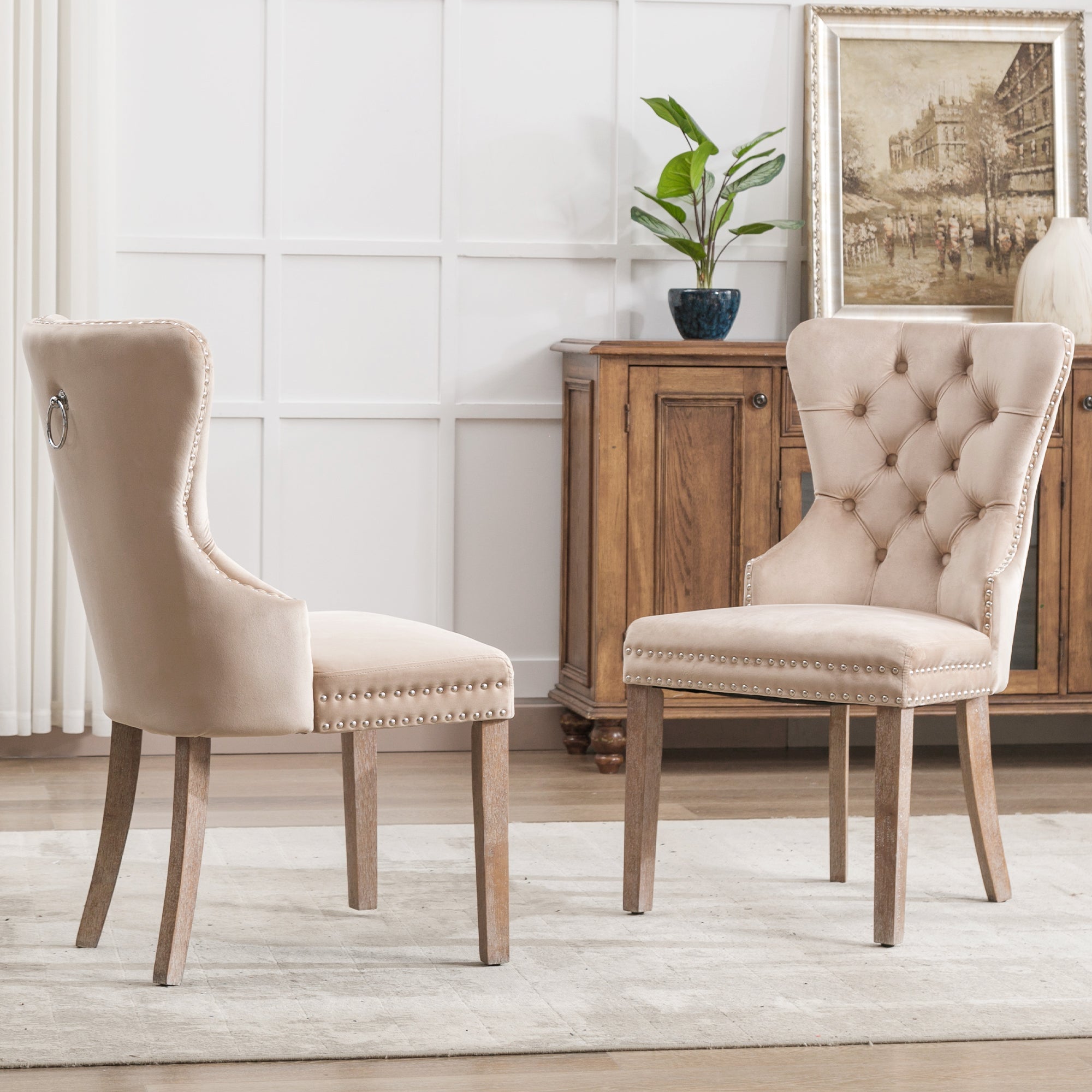 Dining Chair Set of 2, Upholstered Door Knocker Nailhead Trim Solid Wood, Beige Velvet