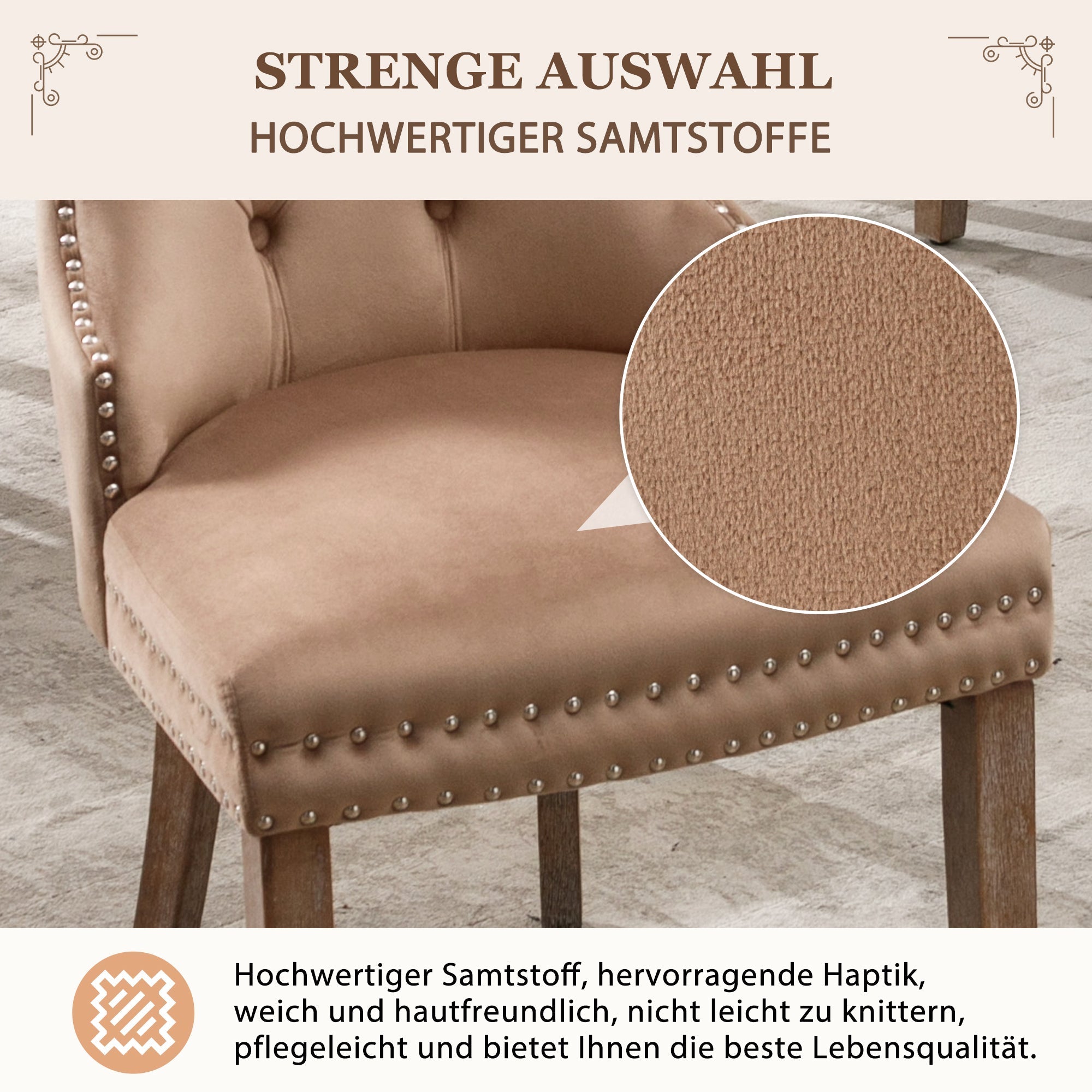 Dining Chair Set of 6 - Upholstered Nailhead Trim Door Knocker Back Solid Wood Legs - Brown Velvet