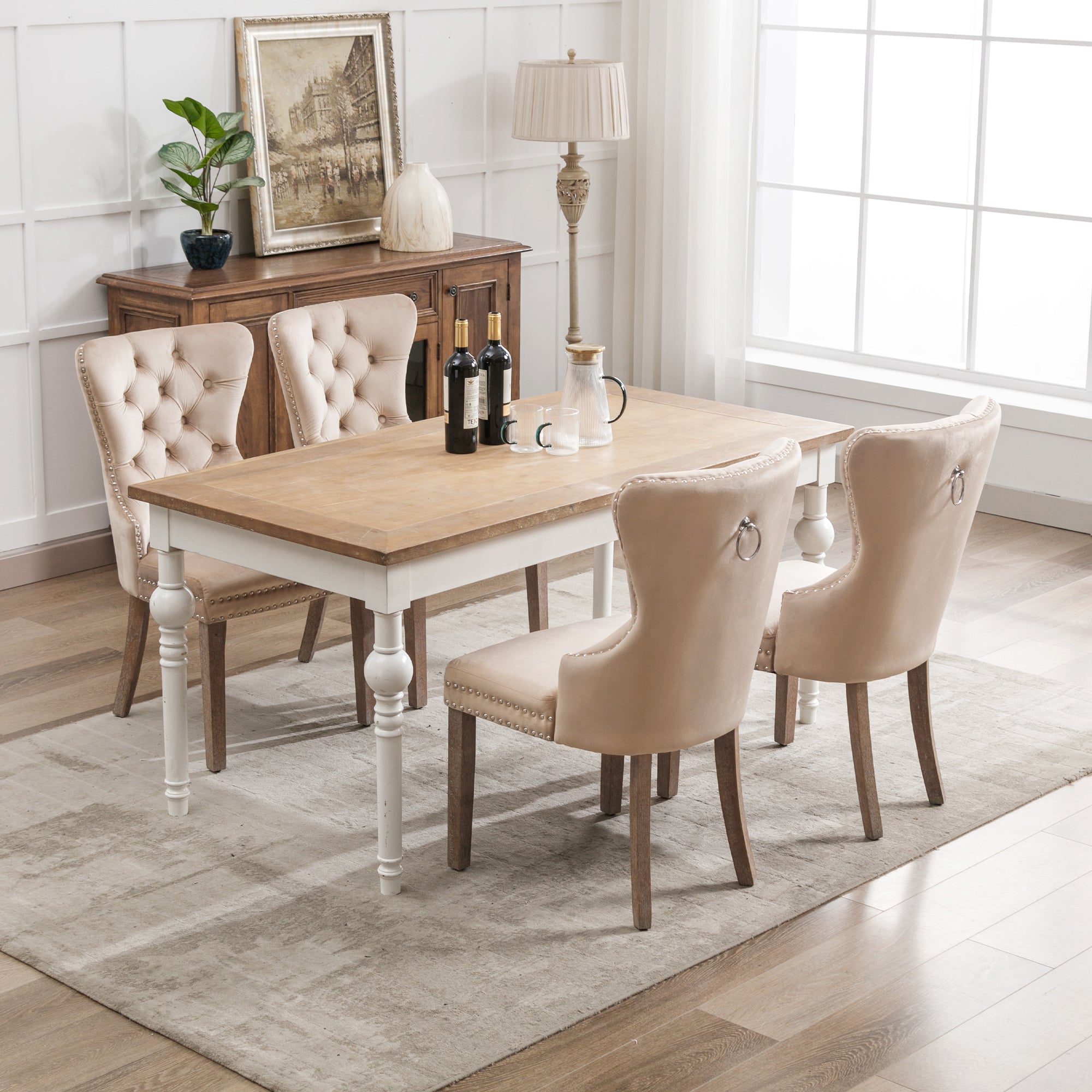 Dining Chair Set of 4 Upholstered Door Knocker Back Nailhead Trim Solid Wood Legs Beige Velvet