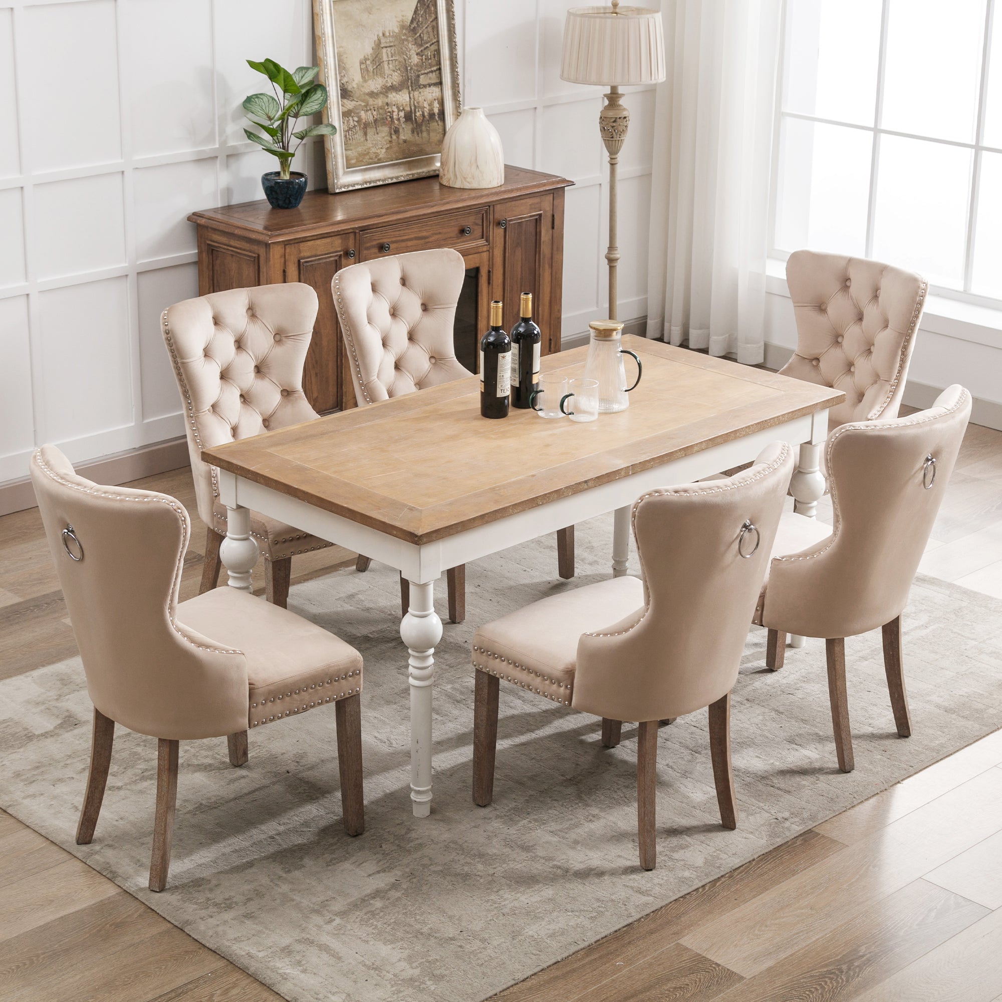 Dining Chair Set 6 Pieces Door Knocker Back Nailhead Trim Solid Wood Legs Beige Velvet