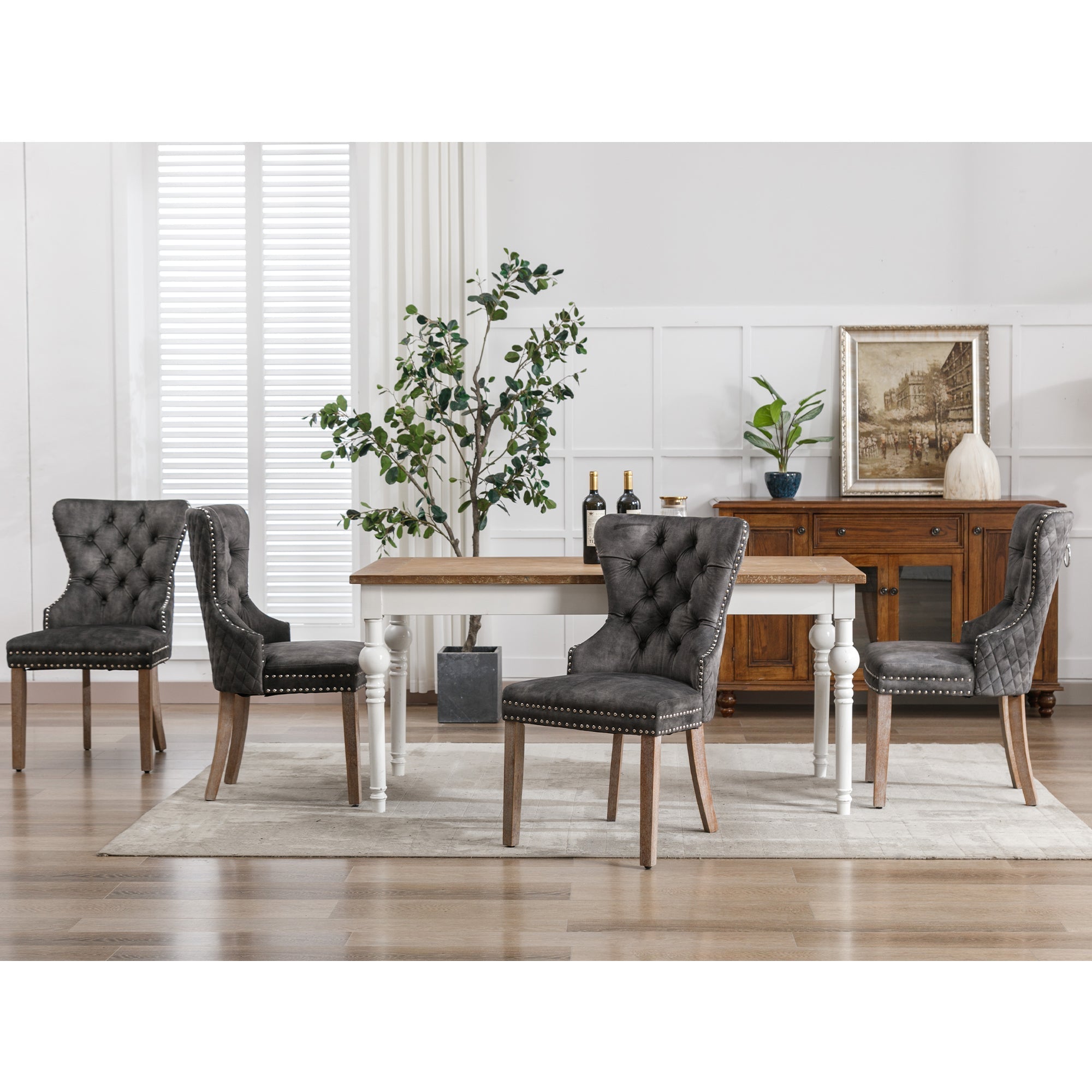 Set of 4 Dining Chairs Upholstered Door Knocker Back Solid Wood Grey Velvet