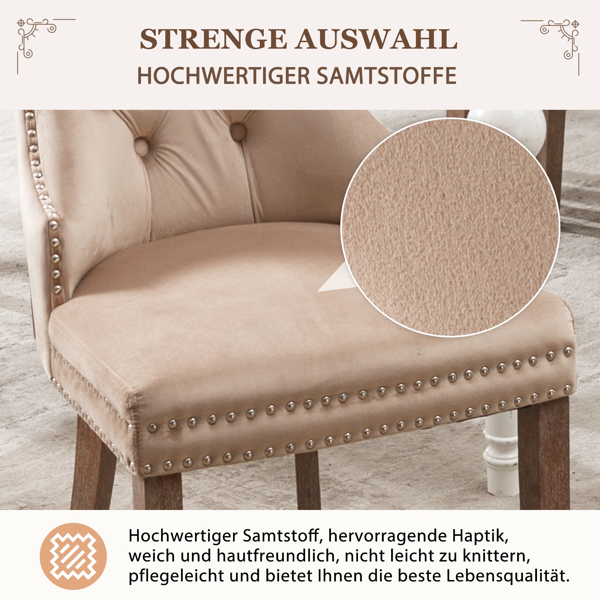 Dining Chair Set of 4 Upholstered Door Knocker Back Nailhead Trim Solid Wood Legs Beige Velvet