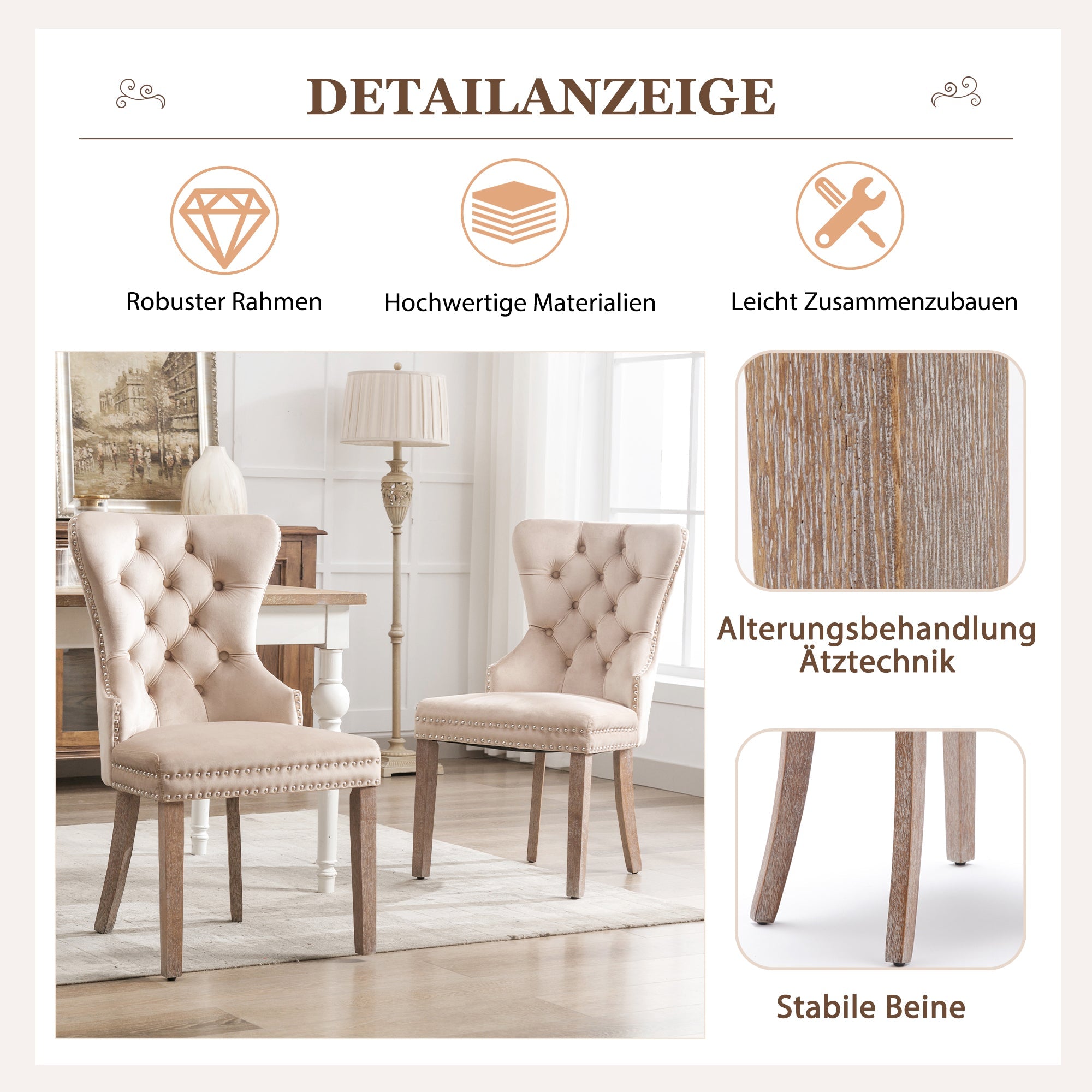 Dining Chair Set of 2, Upholstered Door Knocker Nailhead Trim Solid Wood, Beige Velvet