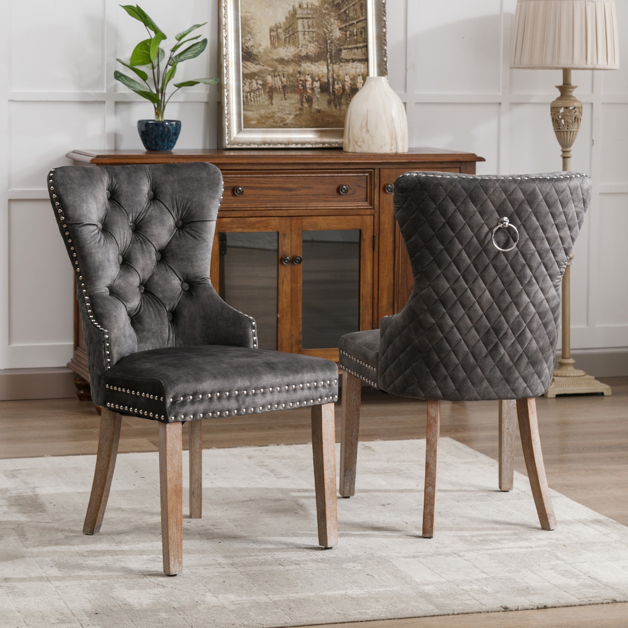 Dining Chair Set of 2 Upholstered Door Knocker Back Nailhead Trim Velvet, Grey