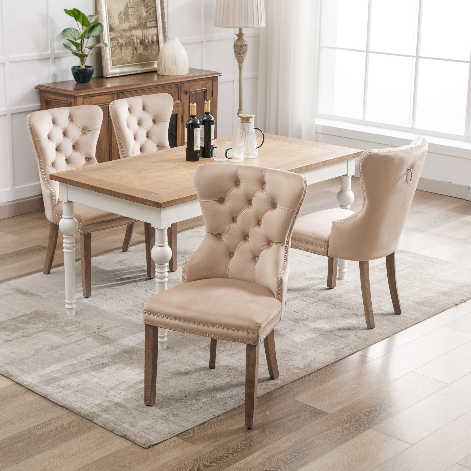 Dining Chair Set of 4 Upholstered Door Knocker Back Nailhead Trim Solid Wood Legs Beige Velvet