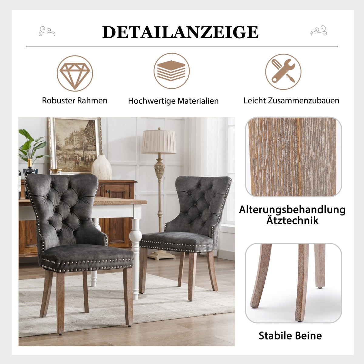 Set of 4 Dining Chairs Upholstered Door Knocker Back Solid Wood Grey Velvet
