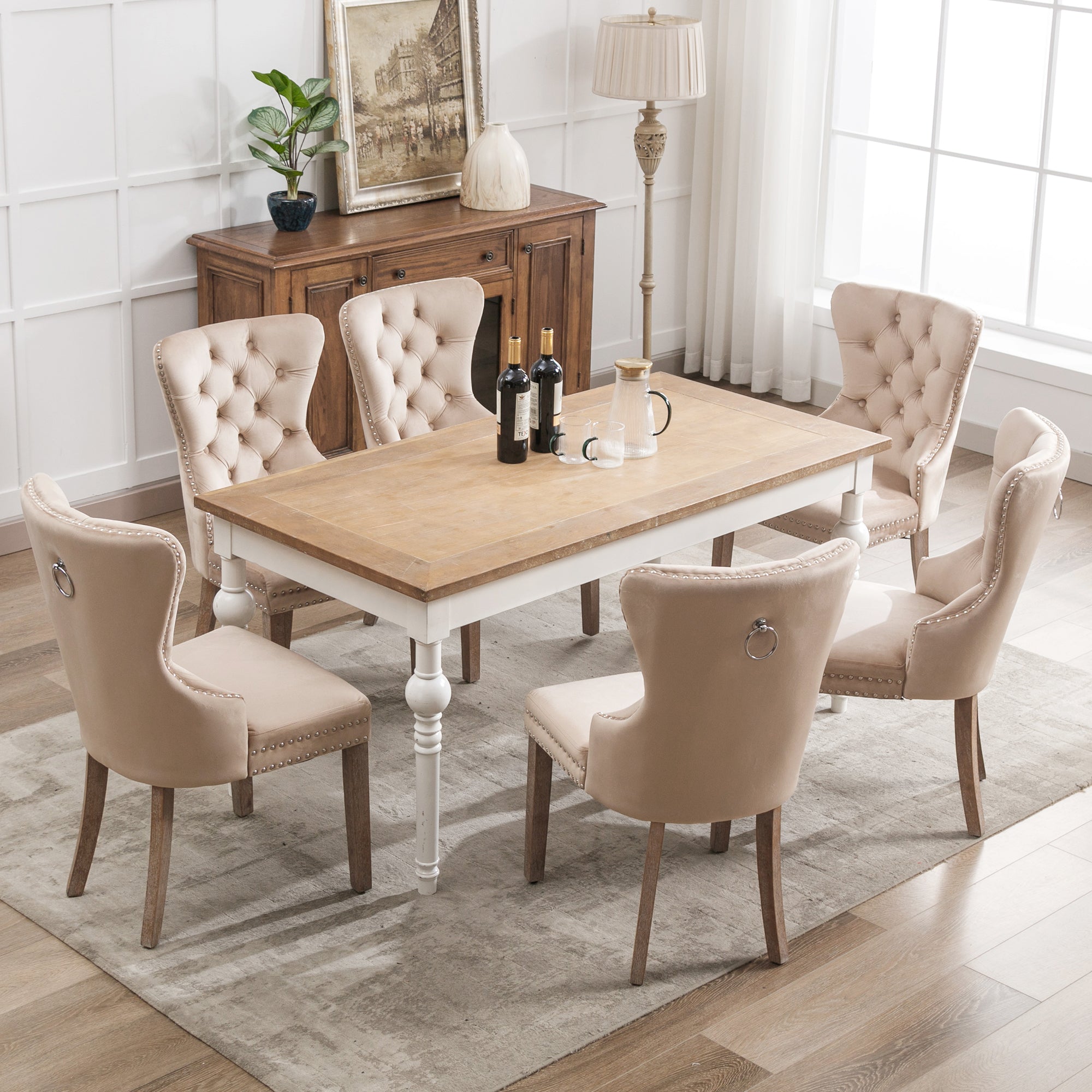 Dining Chair Set 6 Pieces Door Knocker Back Nailhead Trim Solid Wood Legs Beige Velvet