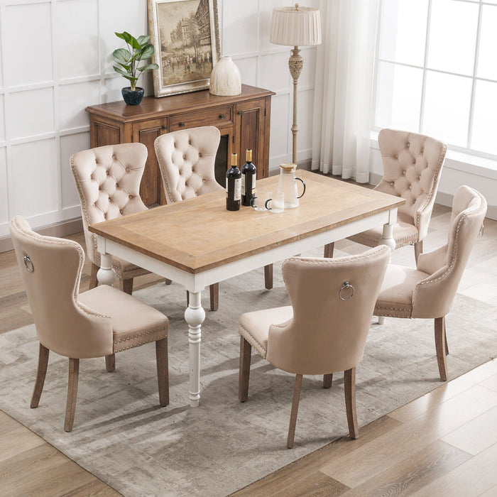 Dining Chair Set 6 Pieces Door Knocker Back Nailhead Trim Solid Wood Legs Beige Velvet