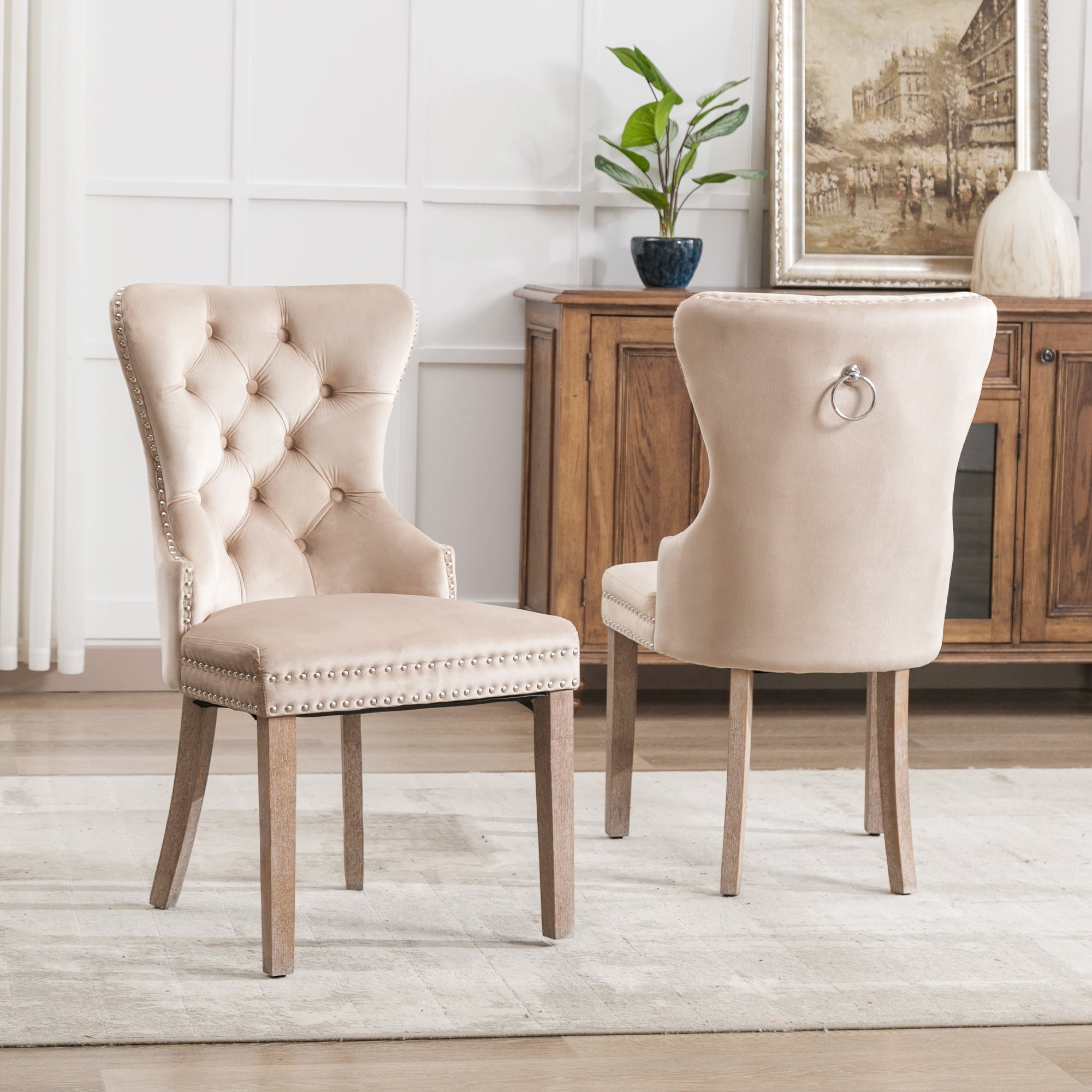 Dining Chair Set of 2, Upholstered Door Knocker Nailhead Trim Solid Wood, Beige Velvet