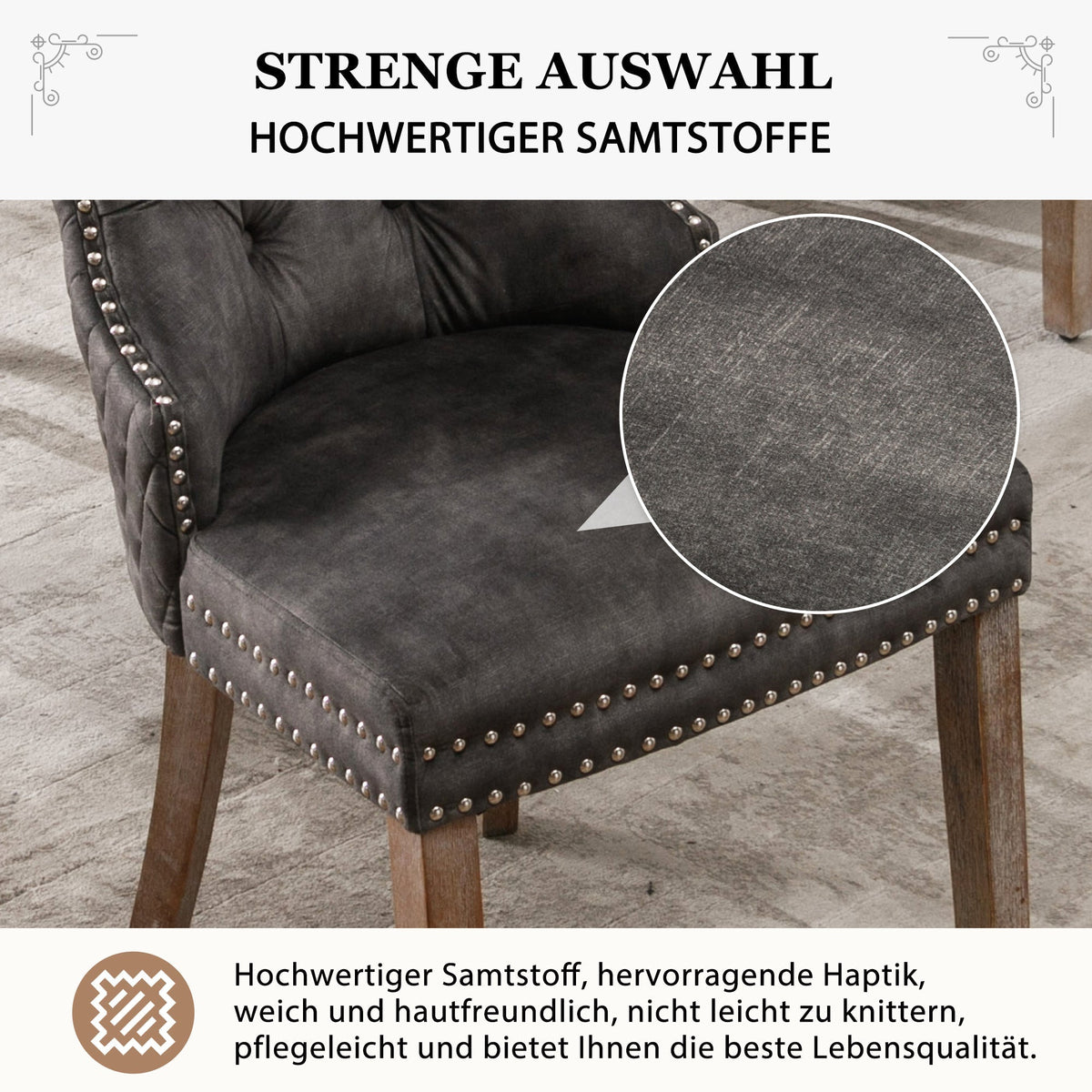 Dining Chair Set 6 Pieces Upholstered Nailhead Trim Door Knocker Back Solid Wood Grey Velvet
